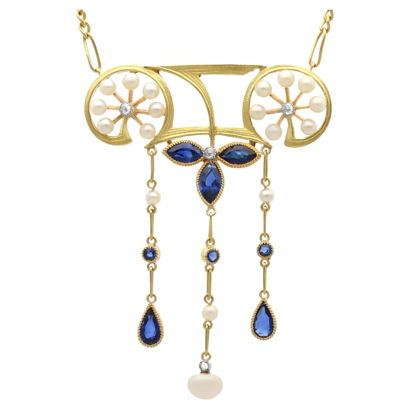 Antique 1.30Ct Sapphire, Seed Pearl and Diamond, 18k Yellow Gold Pendant
