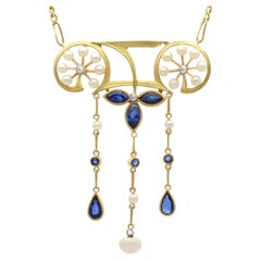 Antique 1.30Ct Sapphire, Seed Pearl and Diamond, 18k Yellow Gold Pendant