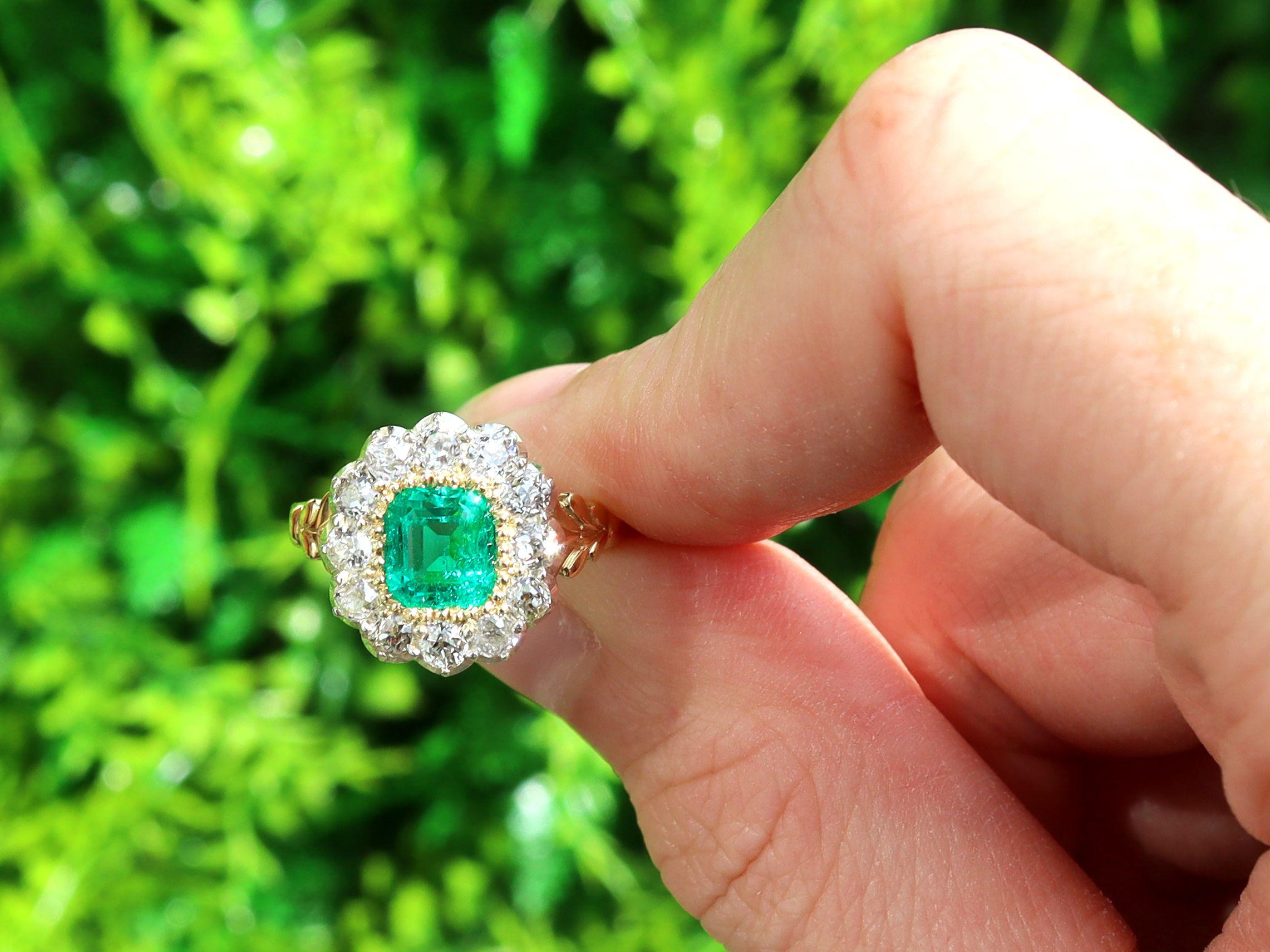 A stunning, fine and impressive 1.31 carat emerald and 0.98 carat diamond ring in 18 karat yellow gold; part of our antique emerald jewelry collections

This stunning, fine and impressive antique emerald and diamond ring has been crafted in 18k