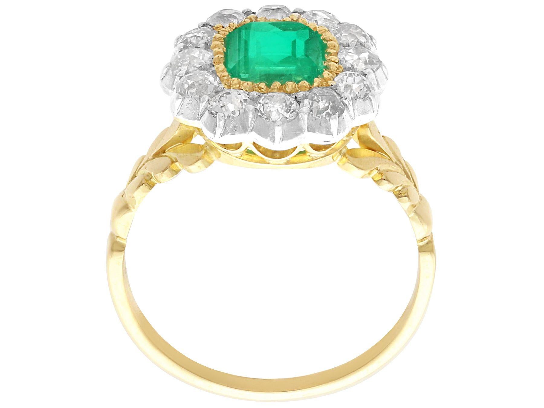 Women's or Men's Antique 1.31Ct Emerald and Diamond Yellow Gold Cocktail Ring For Sale