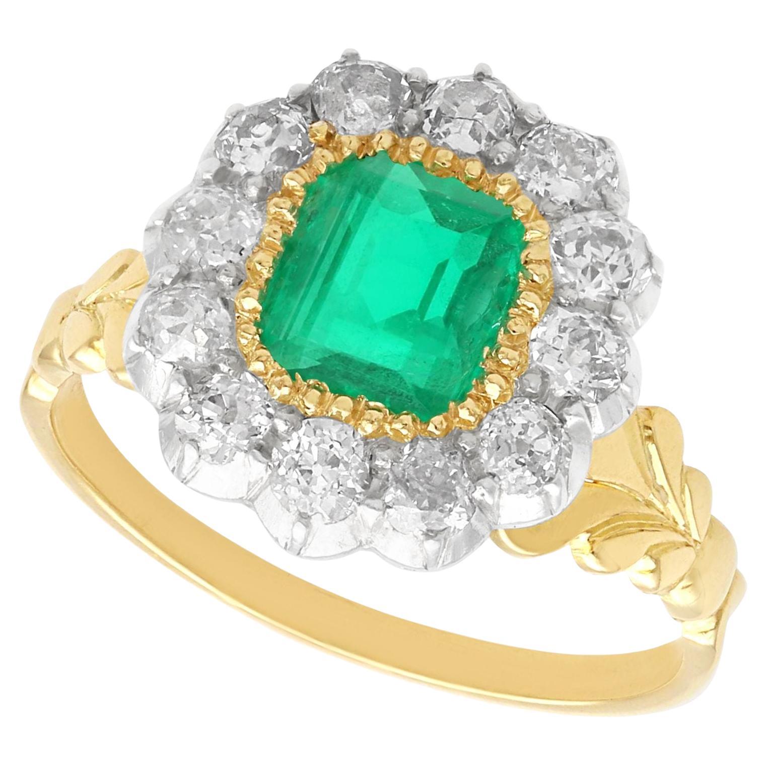 Antique 1.31Ct Emerald and Diamond Yellow Gold Cocktail Ring For Sale