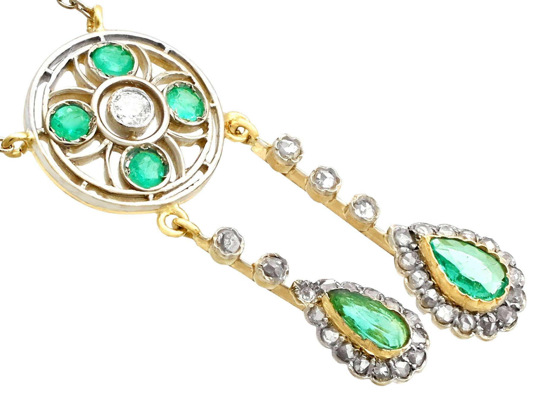 Women's Antique 1.32 Carat Emerald Diamond Yellow Gold Necklace For Sale