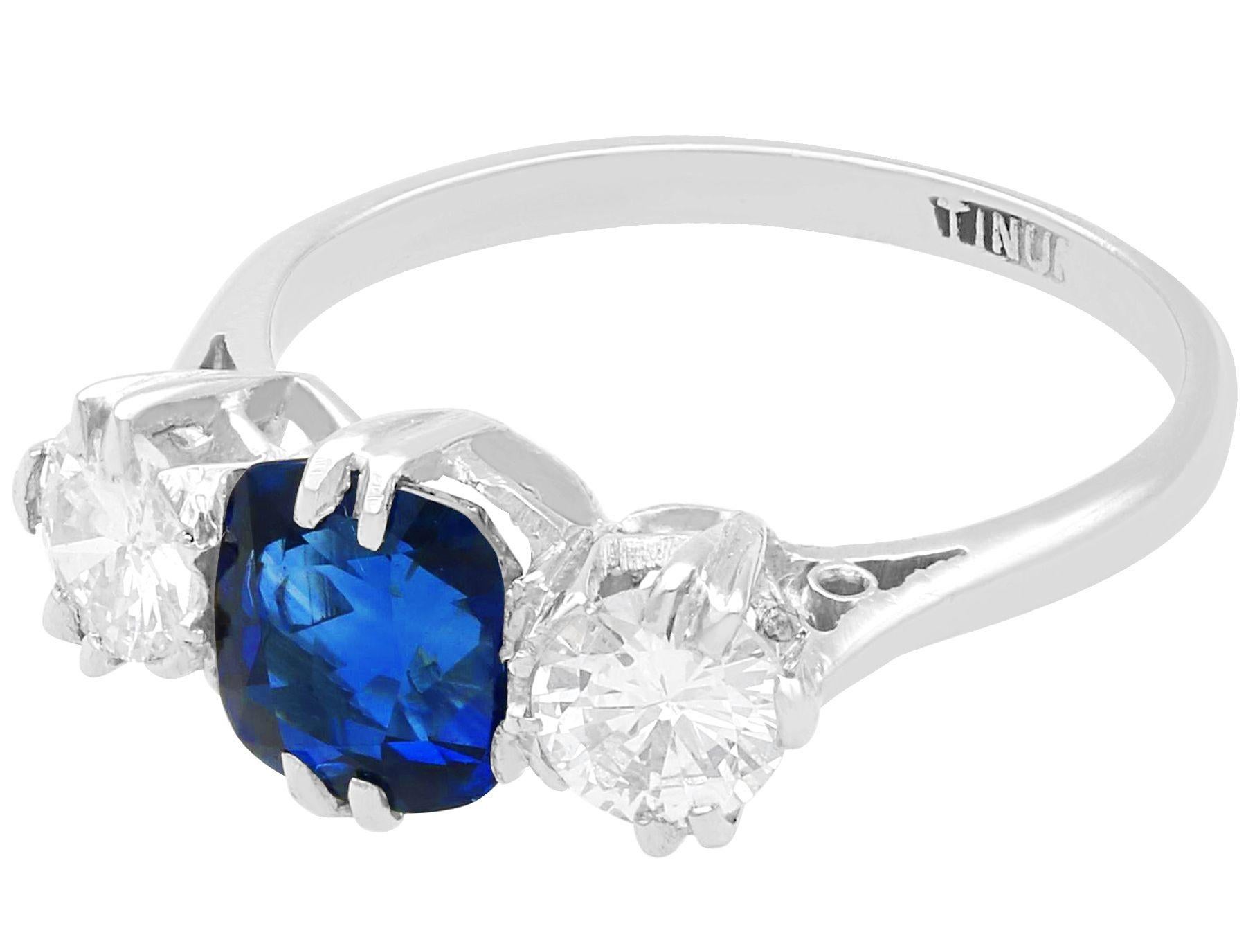Cushion Cut Antique 1.33 Ct Basaltic Sapphire and 0.88 Ct Diamond Platinum Trilogy Ring For Sale