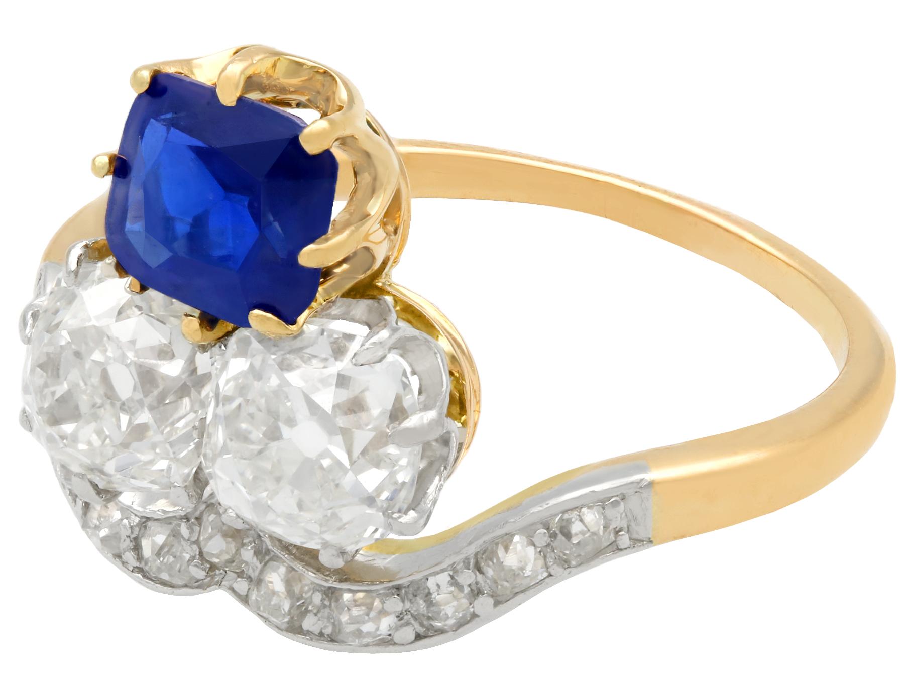 Antique 1.35 Carat Sapphire 2.06 Carat Diamond Yellow Gold Cocktail Ring In Excellent Condition For Sale In Jesmond, Newcastle Upon Tyne