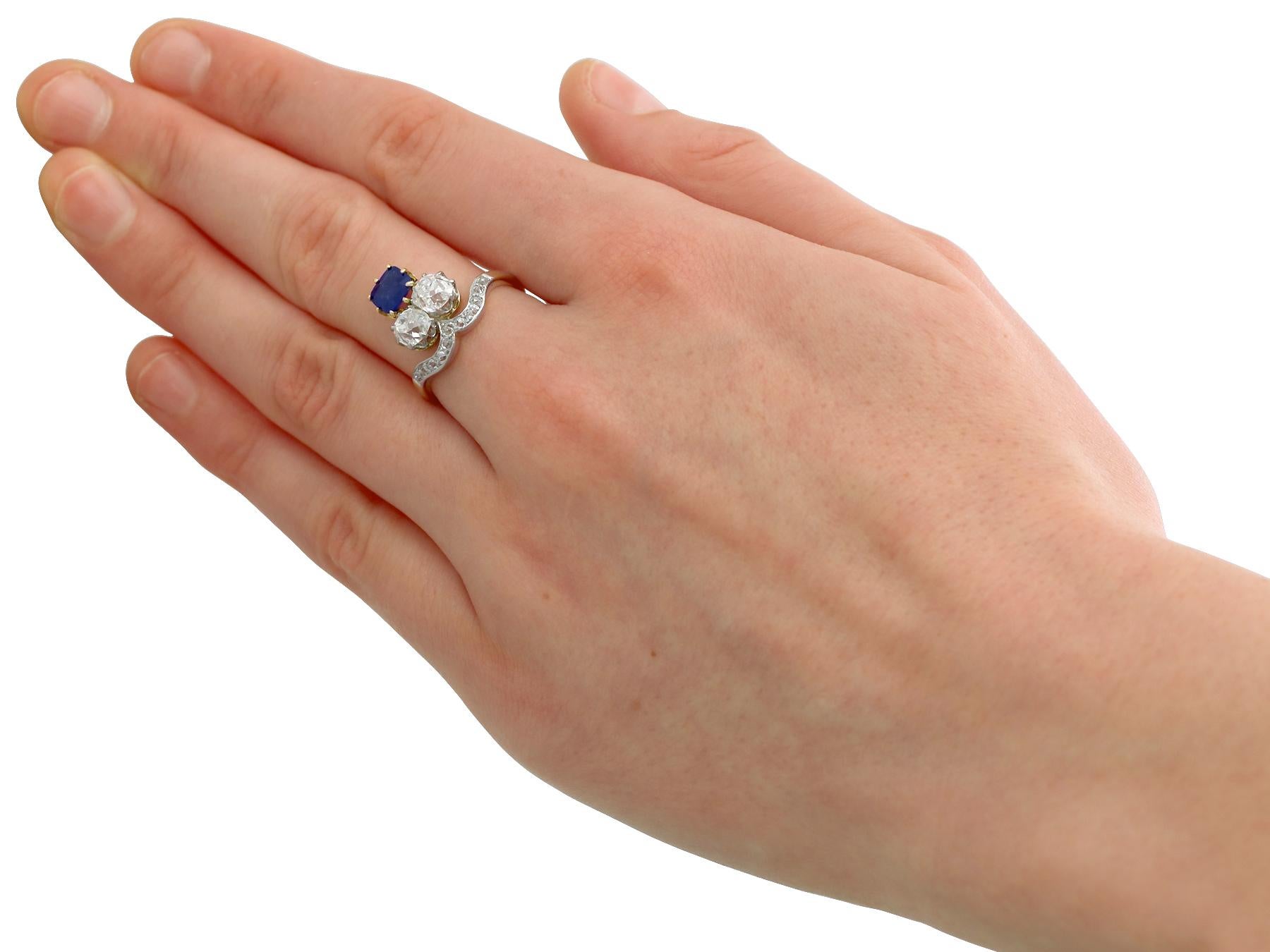 Antique 1.35 Carat Sapphire 2.06 Carat Diamond Yellow Gold Cocktail Ring For Sale 1