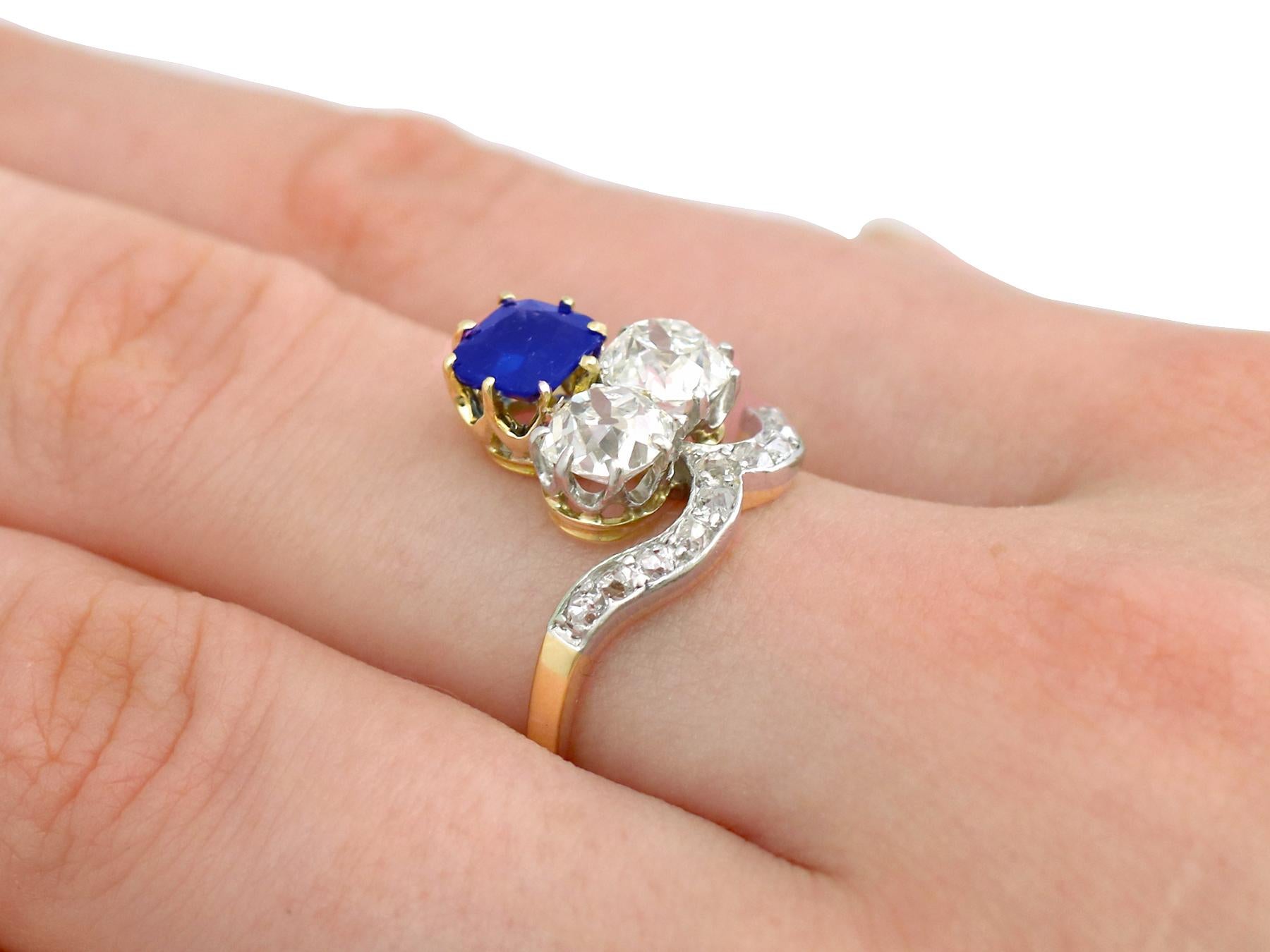Antique 1.35 Carat Sapphire 2.06 Carat Diamond Yellow Gold Cocktail Ring For Sale 2