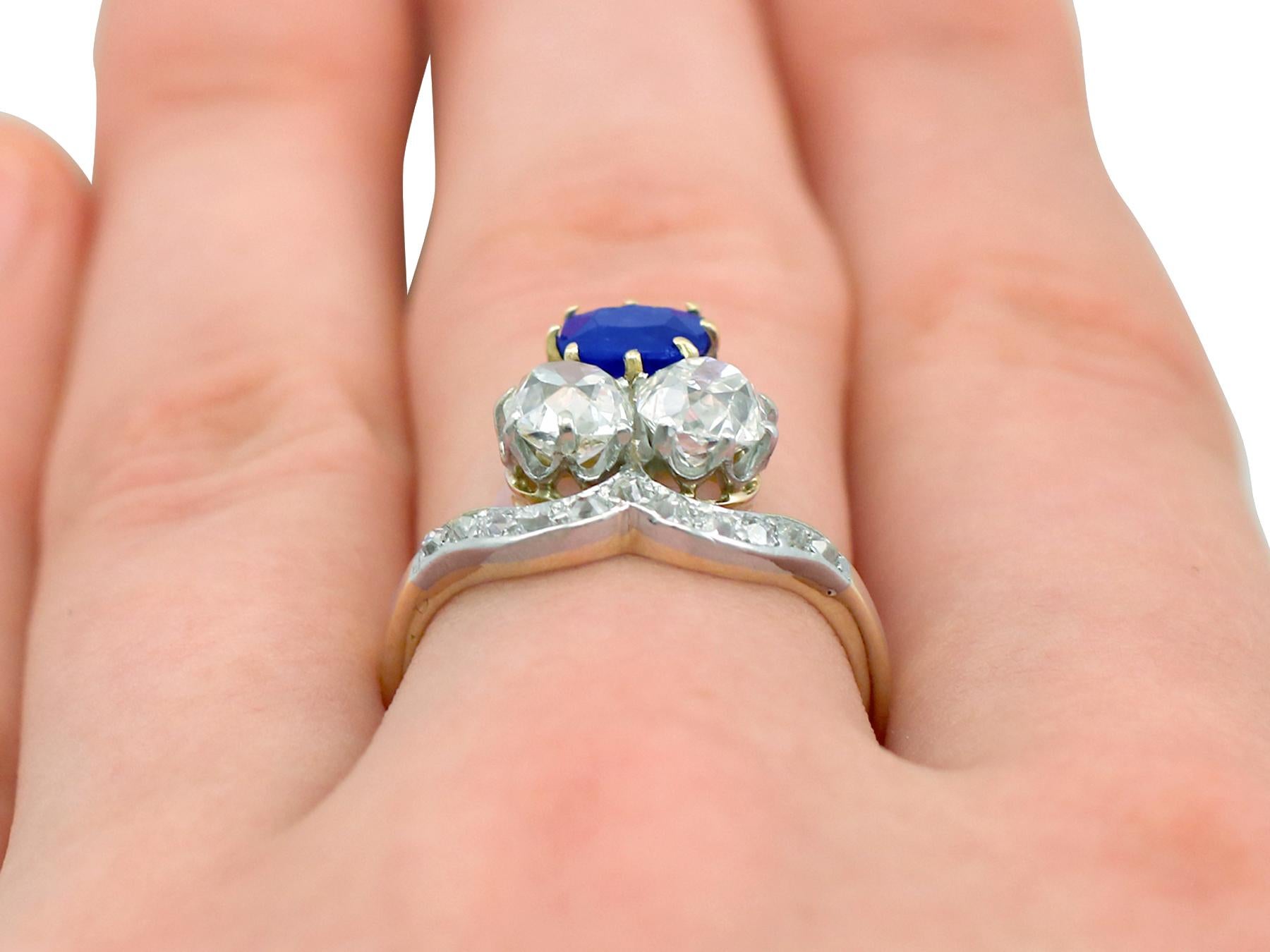 Antique 1.35 Carat Sapphire 2.06 Carat Diamond Yellow Gold Cocktail Ring For Sale 3