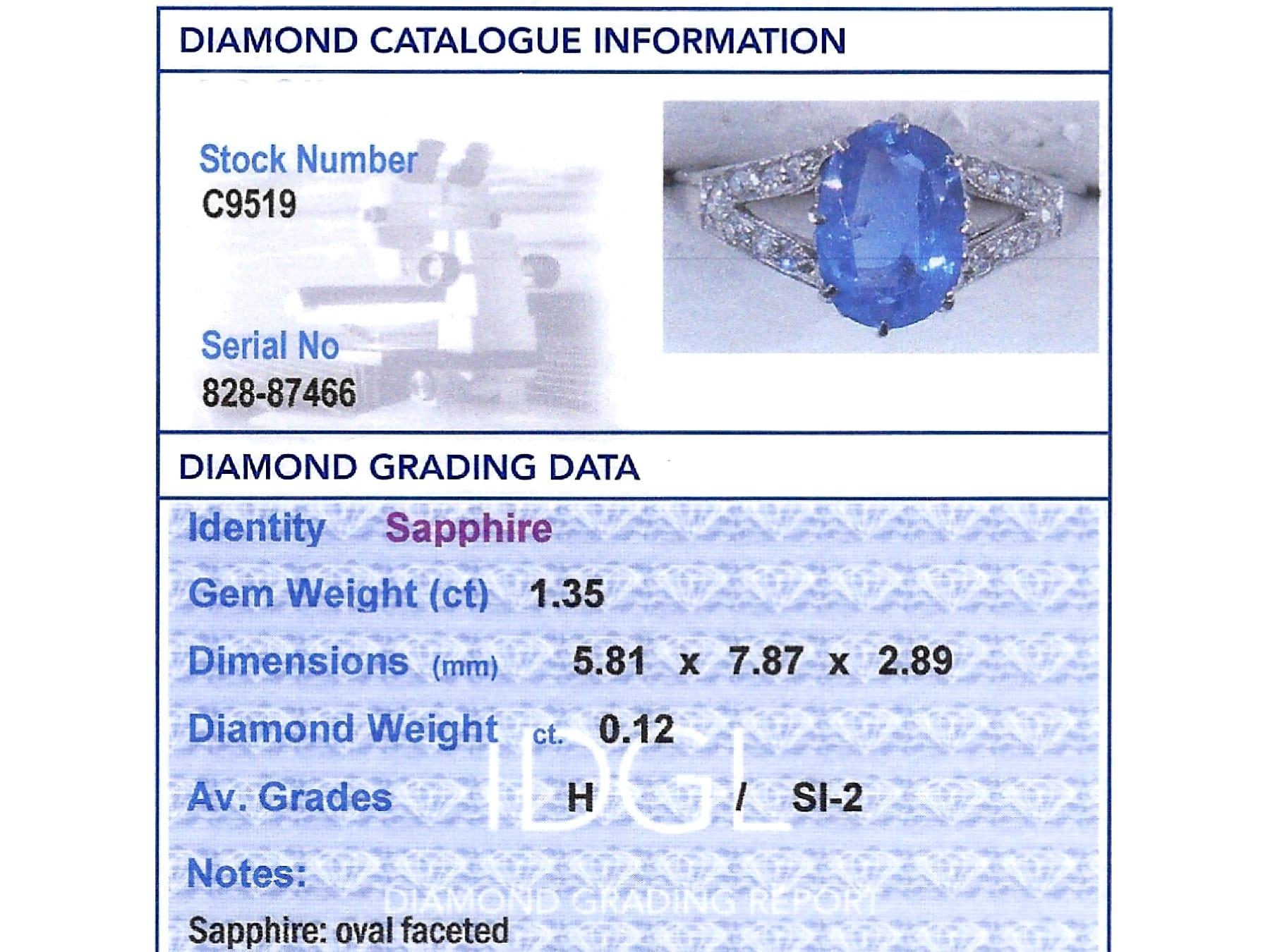 Antique 1.35 Carat Sapphire and 0.12 Carat Diamond Platinum Ring Circa 1915 in vendita 6