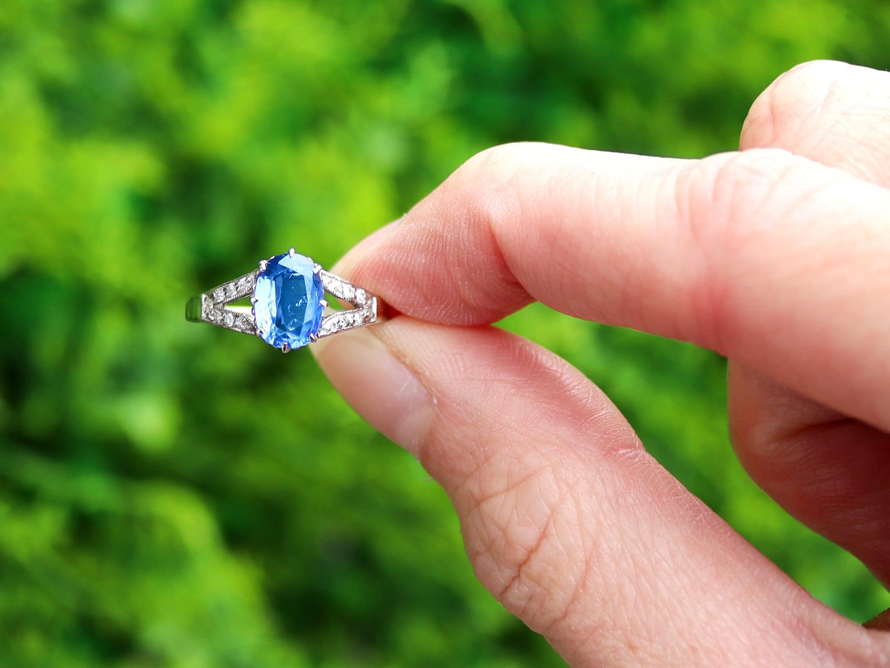 A stunning, fine and impressive antique 1.35 carat sapphire and 0.12 carat diamond, platinum ring; part of our sapphire engagement rings collection.

This stunning, fine and impressive antique sapphire engagement ring has been crafted in