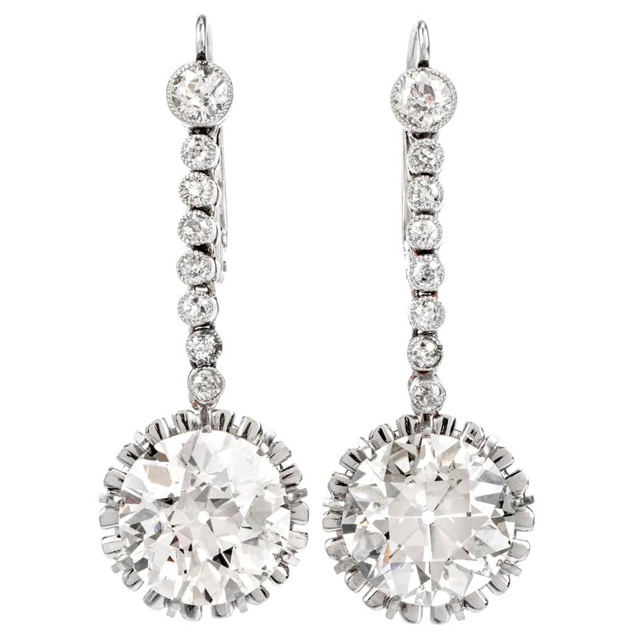 Antique 13.54 Carat European Cut Diamond Platinum Dangling Earrings