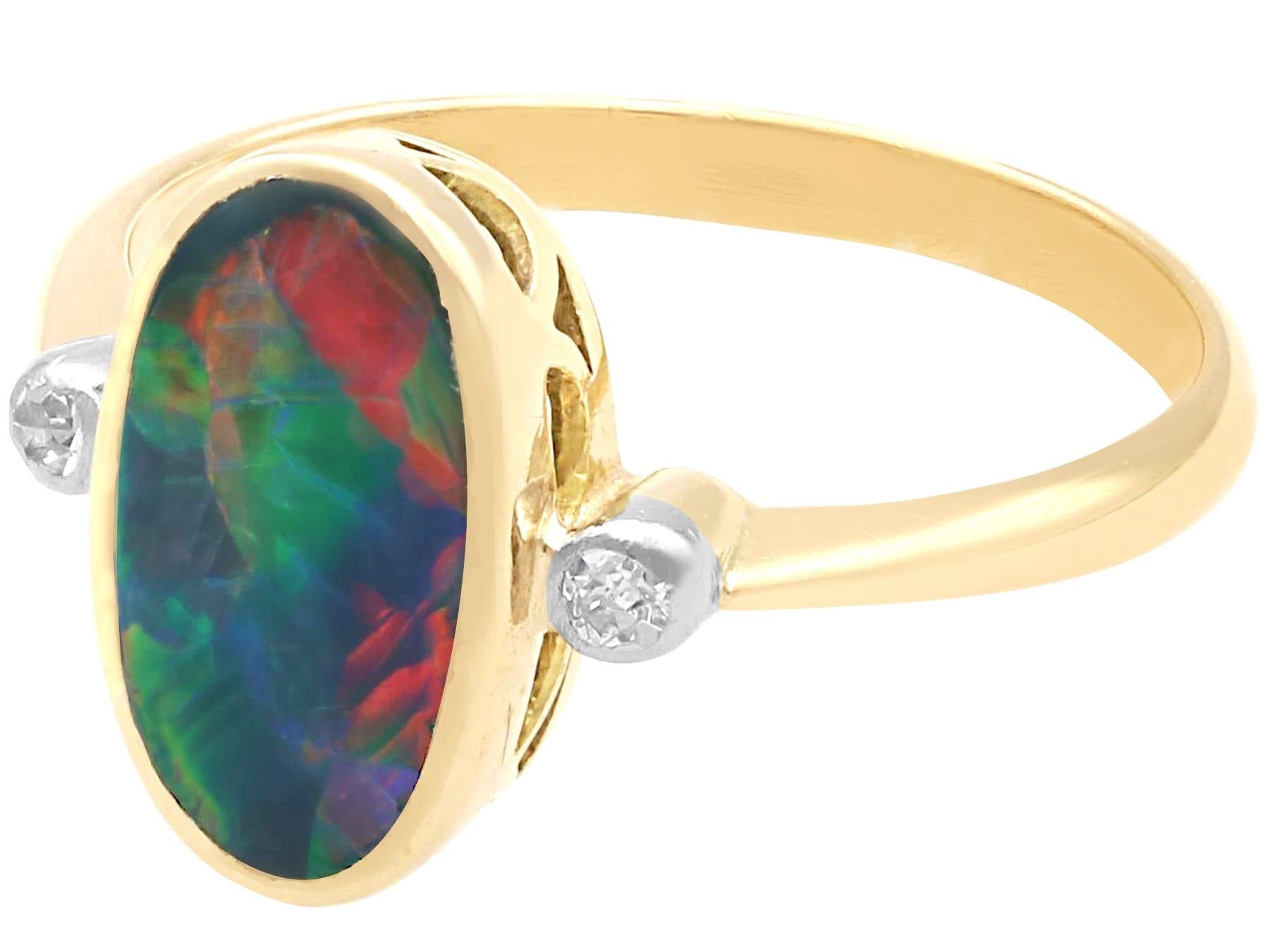 Cabochon Antique 1.35ct Black Opal and Diamond Cocktail Ring in 18ct Yellow Gold