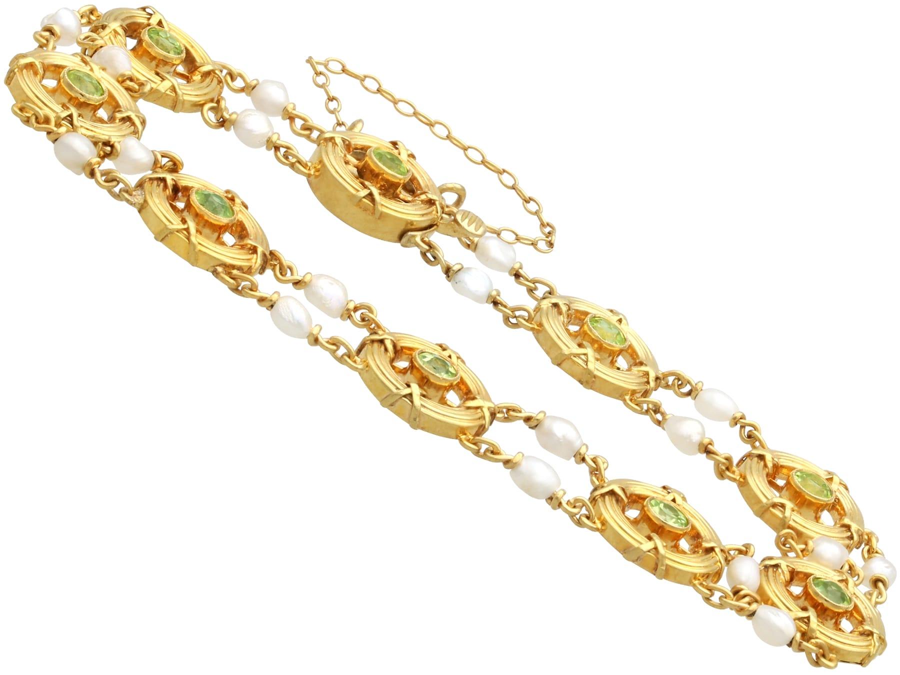 Round Cut Antique 1.35ct Peridot, Natural Pearl and 15ct Yellow Gold Bracelet Circa 1900 For Sale