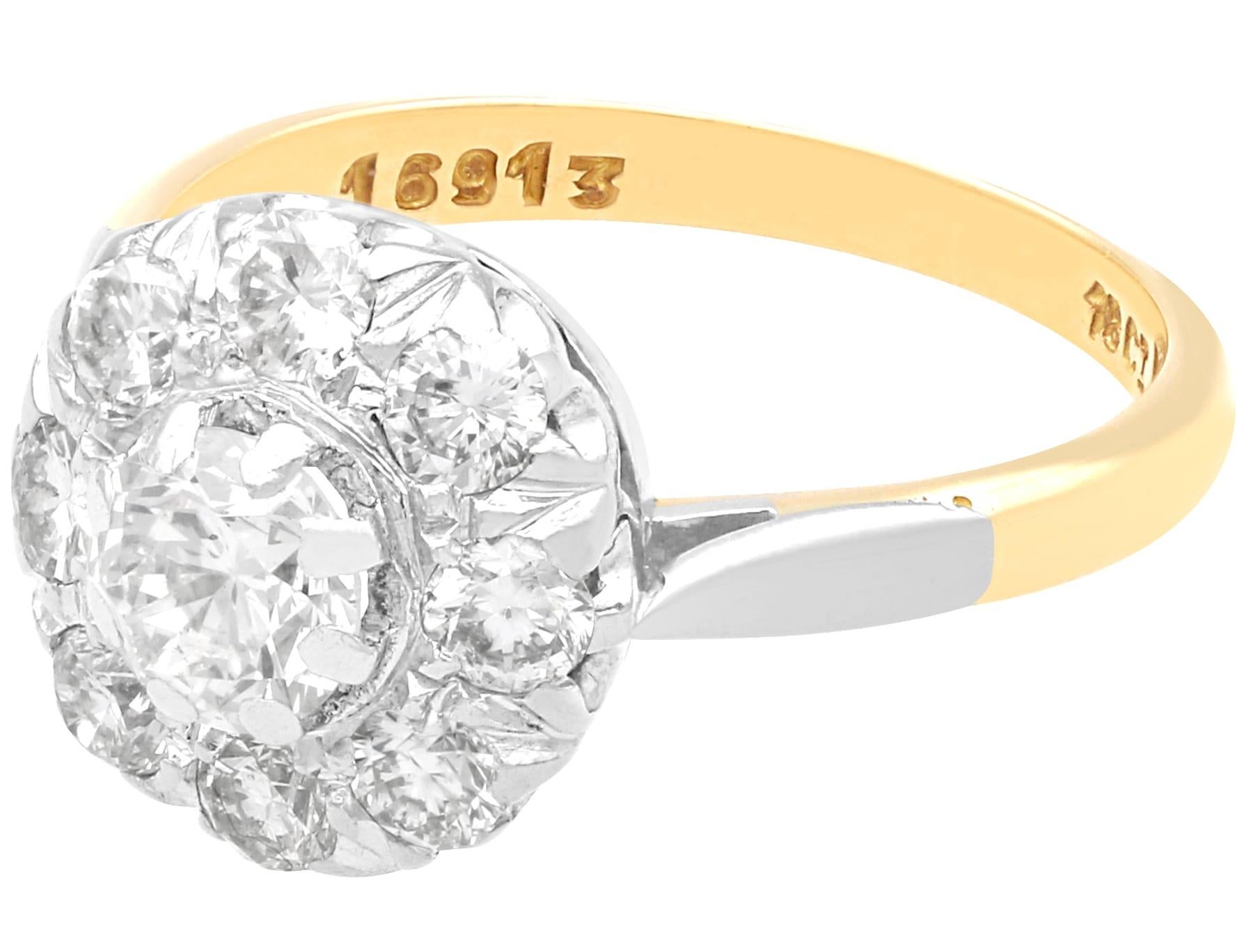 Round Cut Antique 1.38 Carat Diamond and 18k Yellow Gold Cluster Ring Circa 1910 For Sale