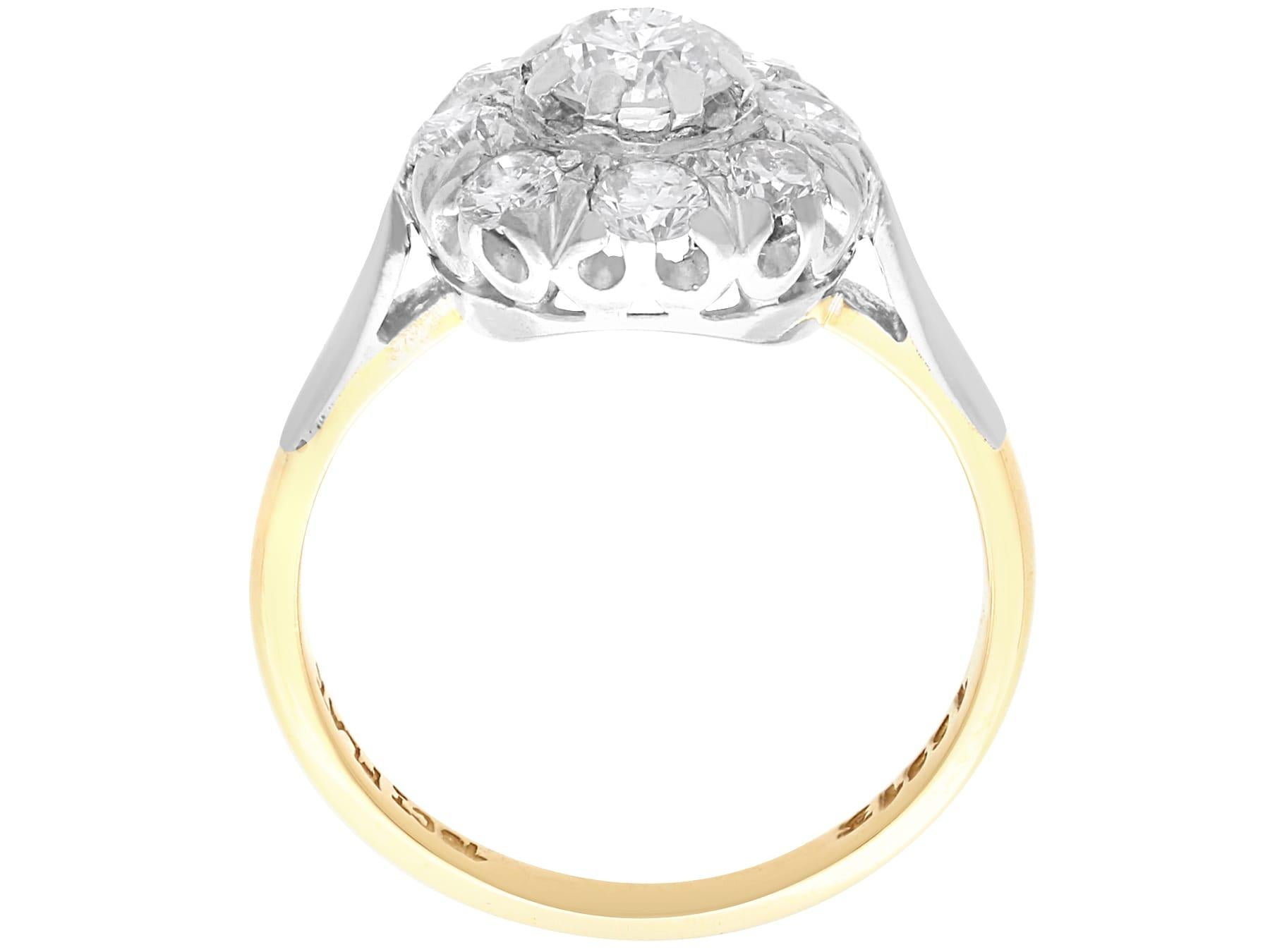 Women's or Men's Antique 1.38 Carat Diamond and 18k Yellow Gold Cluster Ring Circa 1910 For Sale