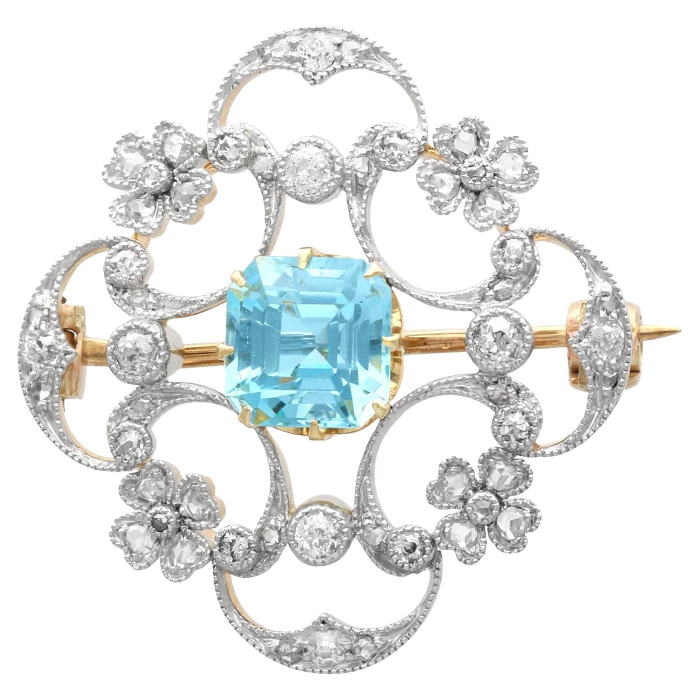 Antique 1.38 Carat Aquamarine and 0.75 karat Diamond Yellow Gold Brooch