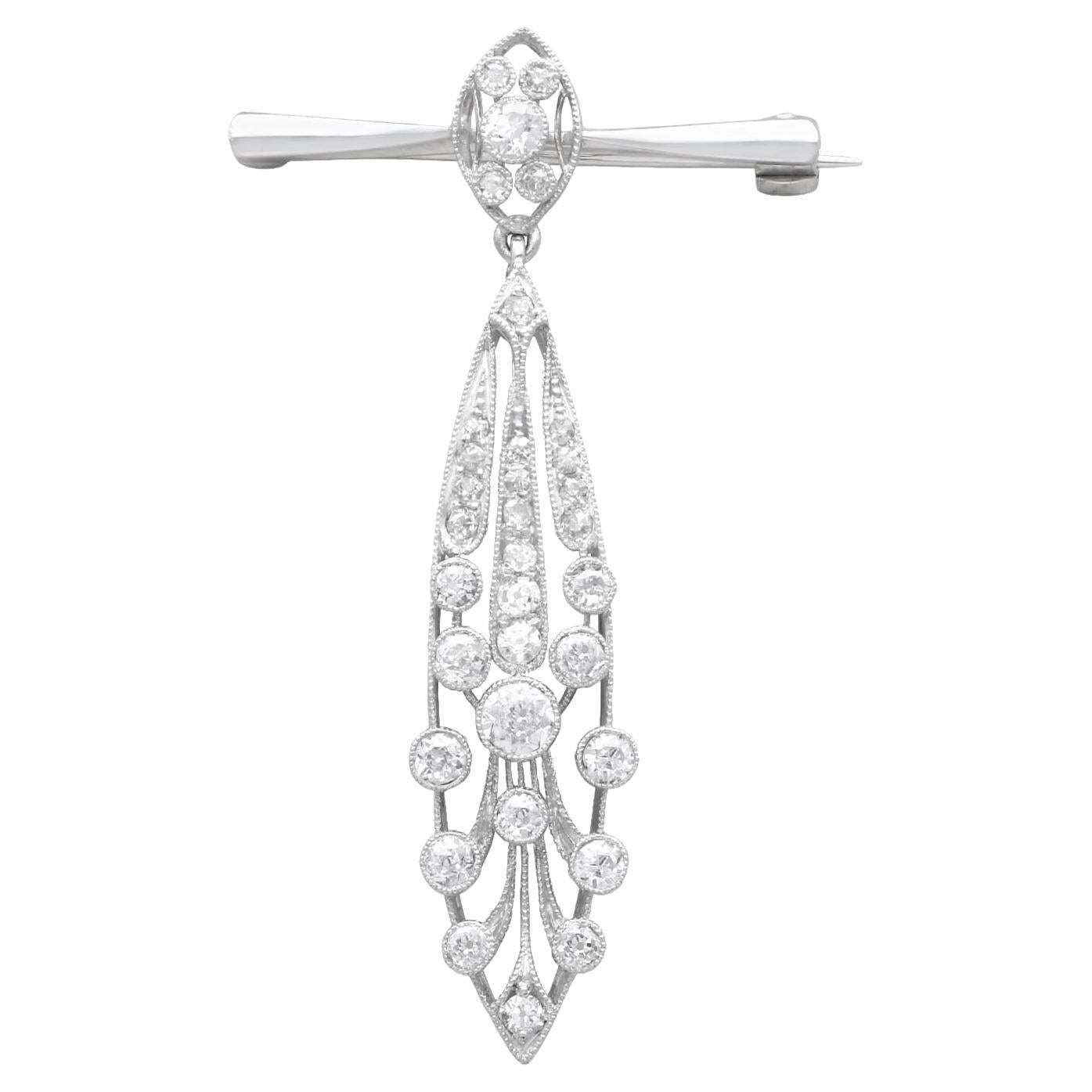Antique 1.38Ct Diamond Platinum and 15k White Gold Drop Brooch Circa 1925 For Sale