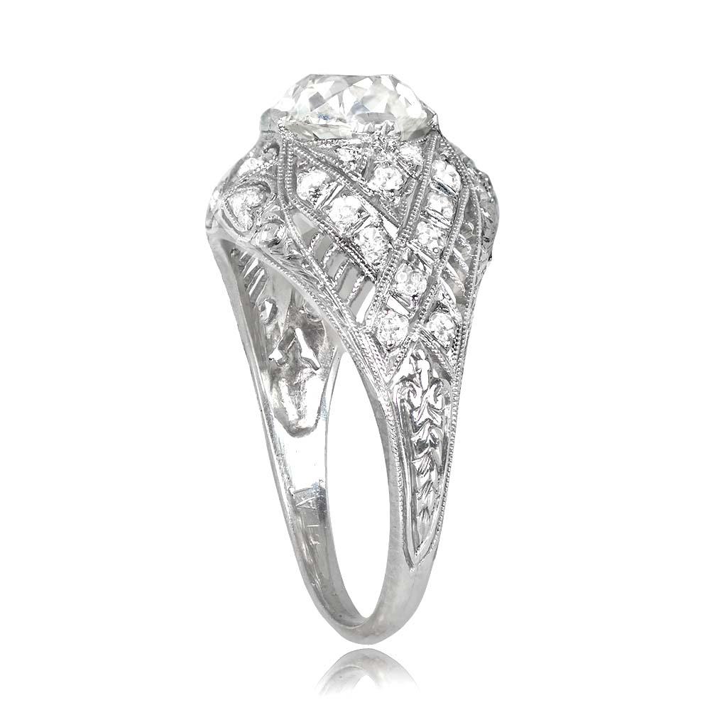 Art Deco Antique 1.38ct Old Mine Cut Diamond Engagement Ring, VS1 Clarity, Platinum
