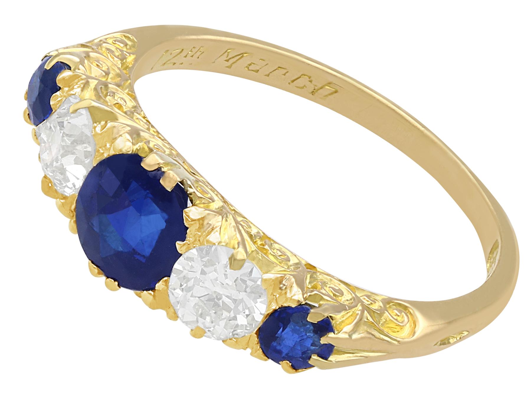 Round Cut Antique 1.39 Carat Sapphire and Diamond Yellow Gold Five-Stone Ring