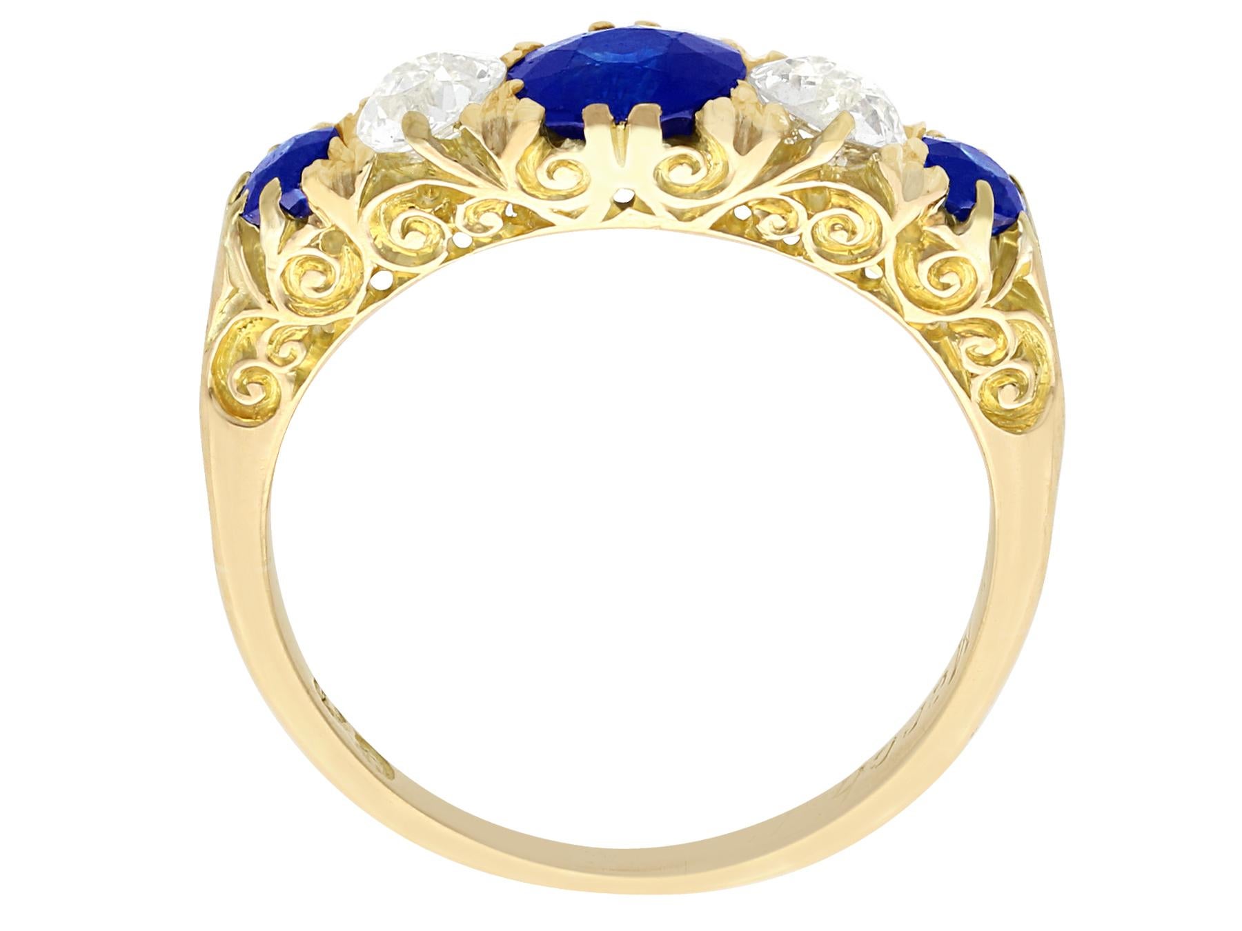Women's Antique 1.39 Carat Sapphire and Diamond Yellow Gold Five-Stone Ring