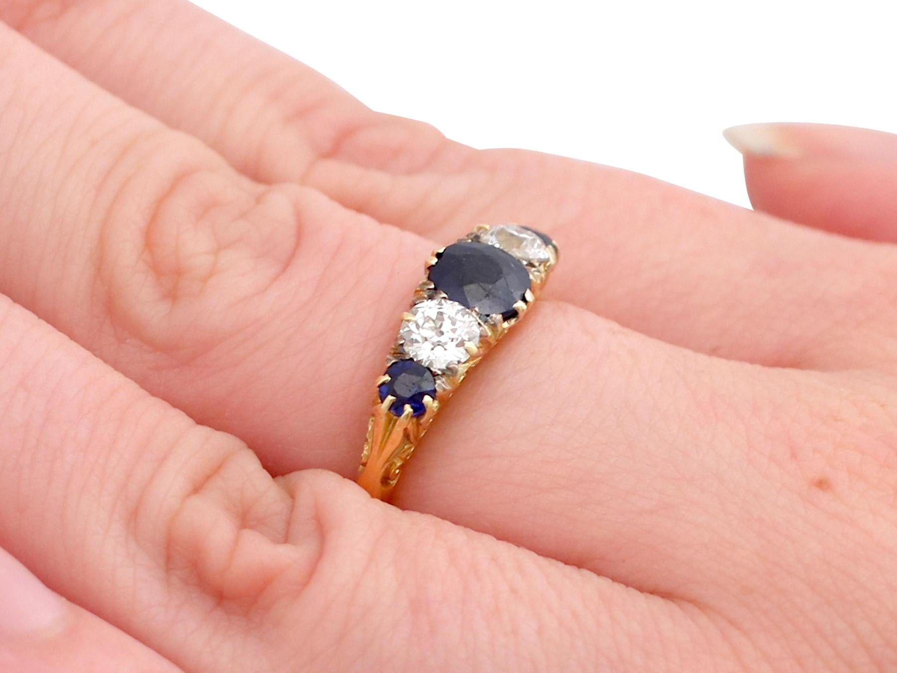 Antique 1.39 Carat Sapphire and Diamond Yellow Gold Five-Stone Ring 2