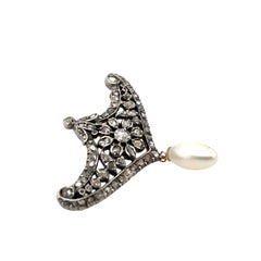 Antique 13ct Gold & Silver Diamond Brooch with Drop Pearl