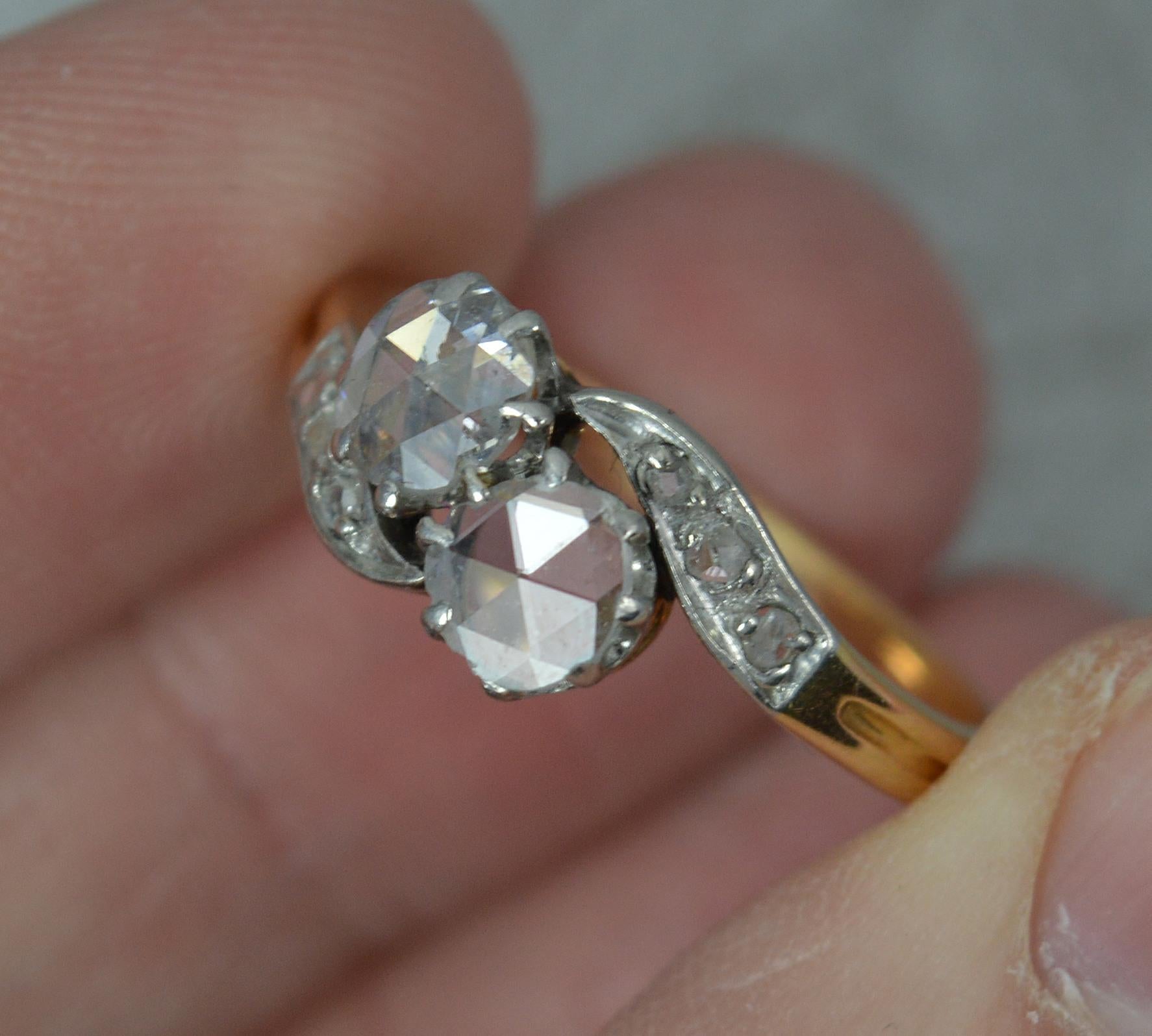Antique 1.3ct Rose Cut Diamond and 18ct Gold Toi Et Moi Ring on Twist For Sale 2