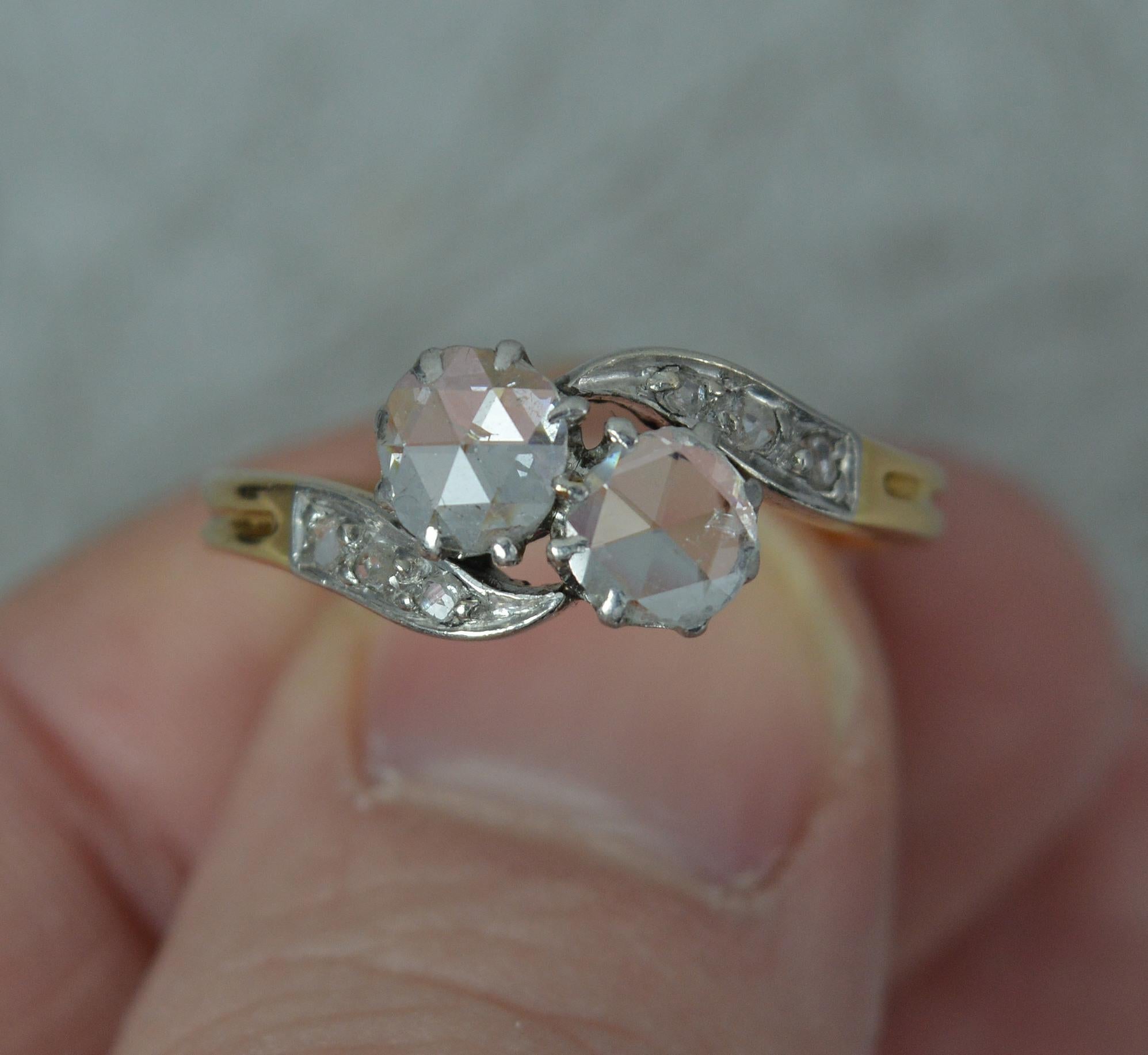 Antique 1.3ct Rose Cut Diamond and 18ct Gold Toi Et Moi Ring on Twist In Excellent Condition In St Helens, GB