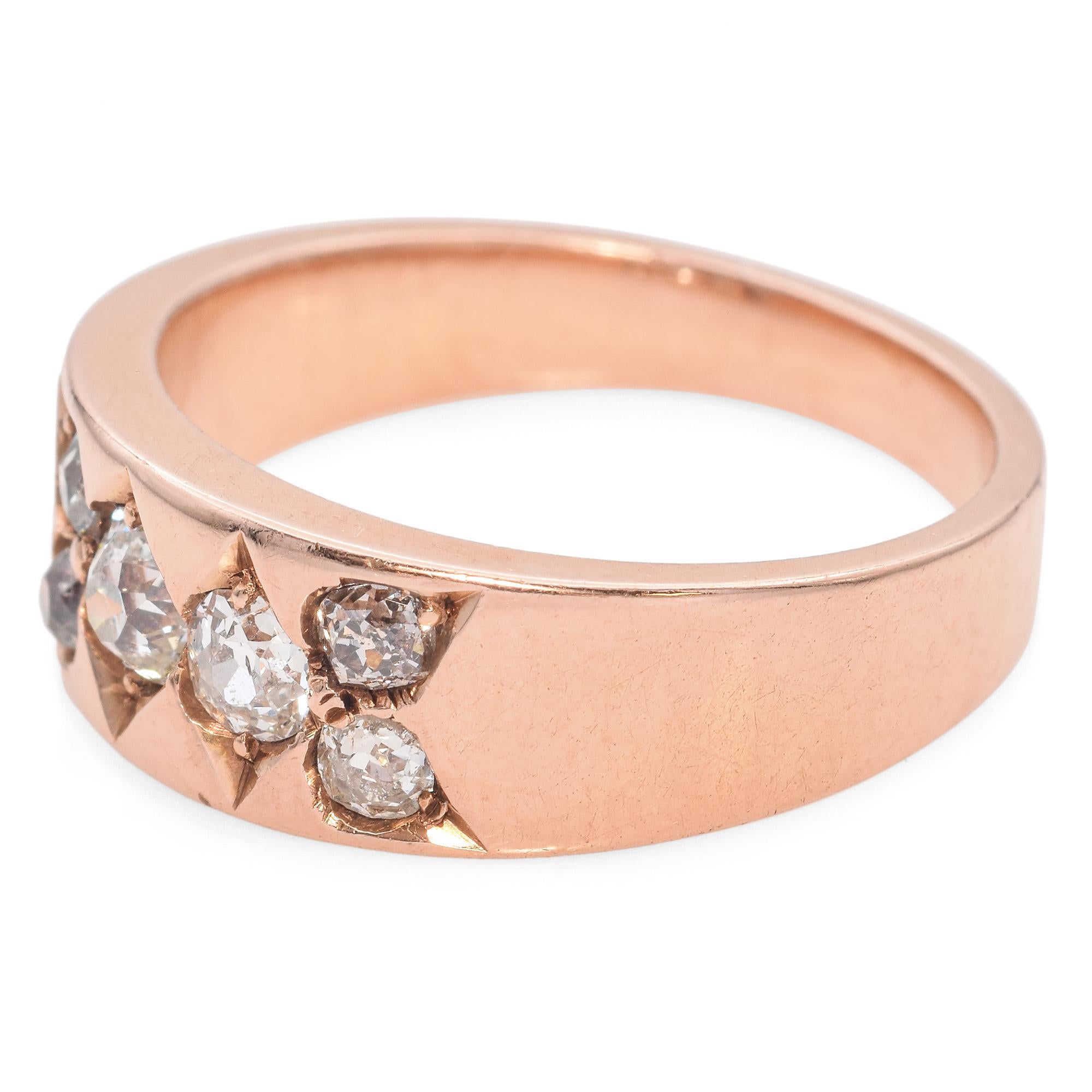 Rose Cut Antique 13K Rose Gold 0.49 TCW Old Mine Cut Diamond Tapered Band Ring For Sale