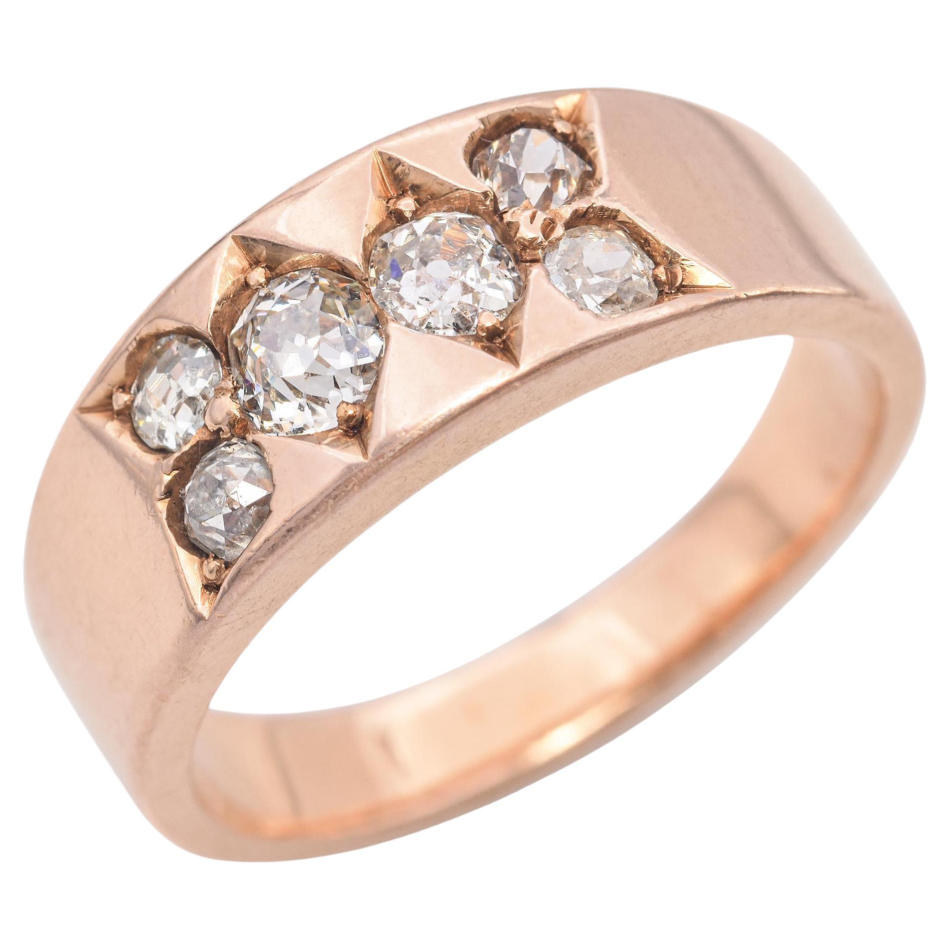 Antique 13K Rose Gold 0.49 TCW Old Mine Cut Diamond Tapered Band Ring For Sale