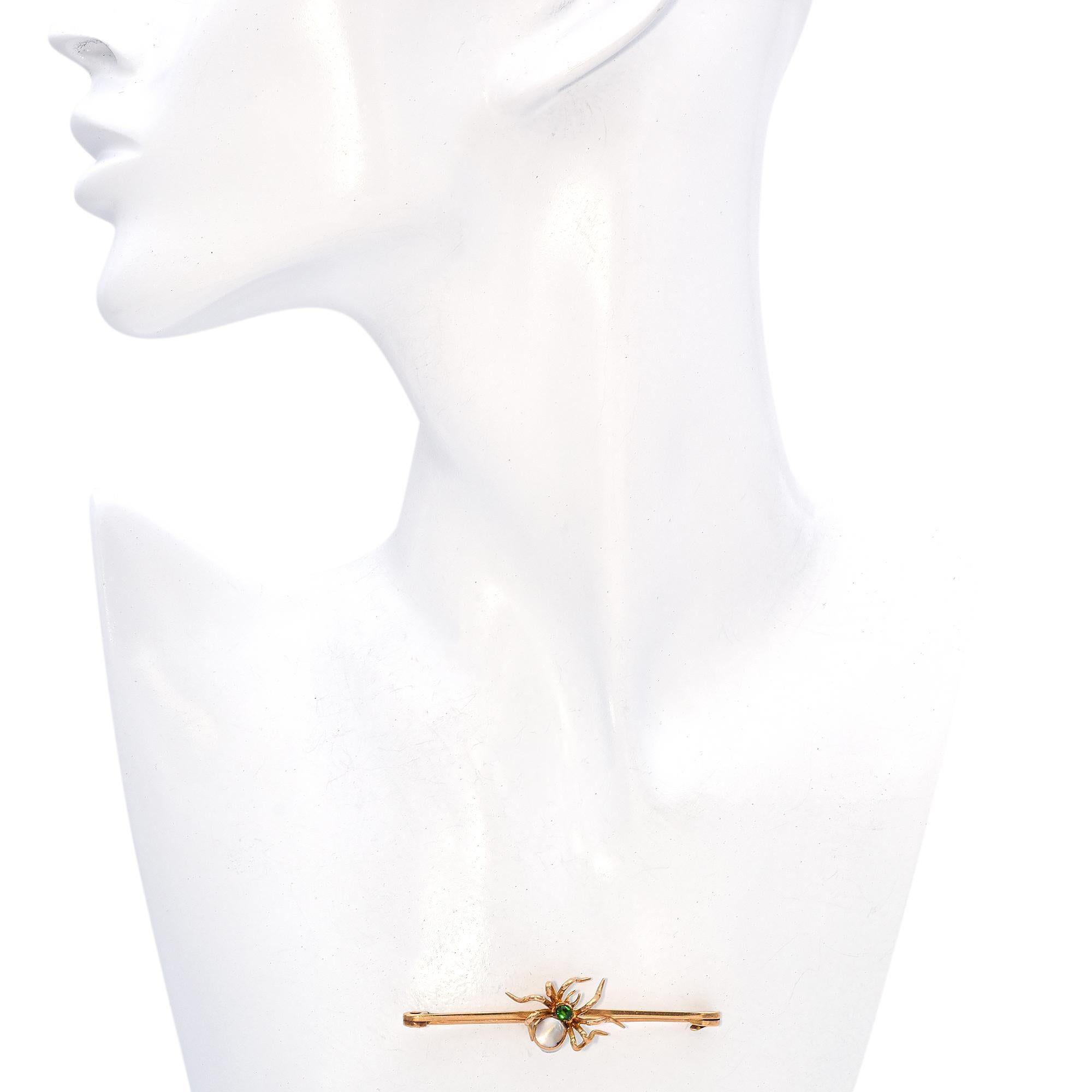 Oval Cut Antique 13K Rose Gold Mother of Pearl & Green Garnet Spider Bar Pin Brooch For Sale