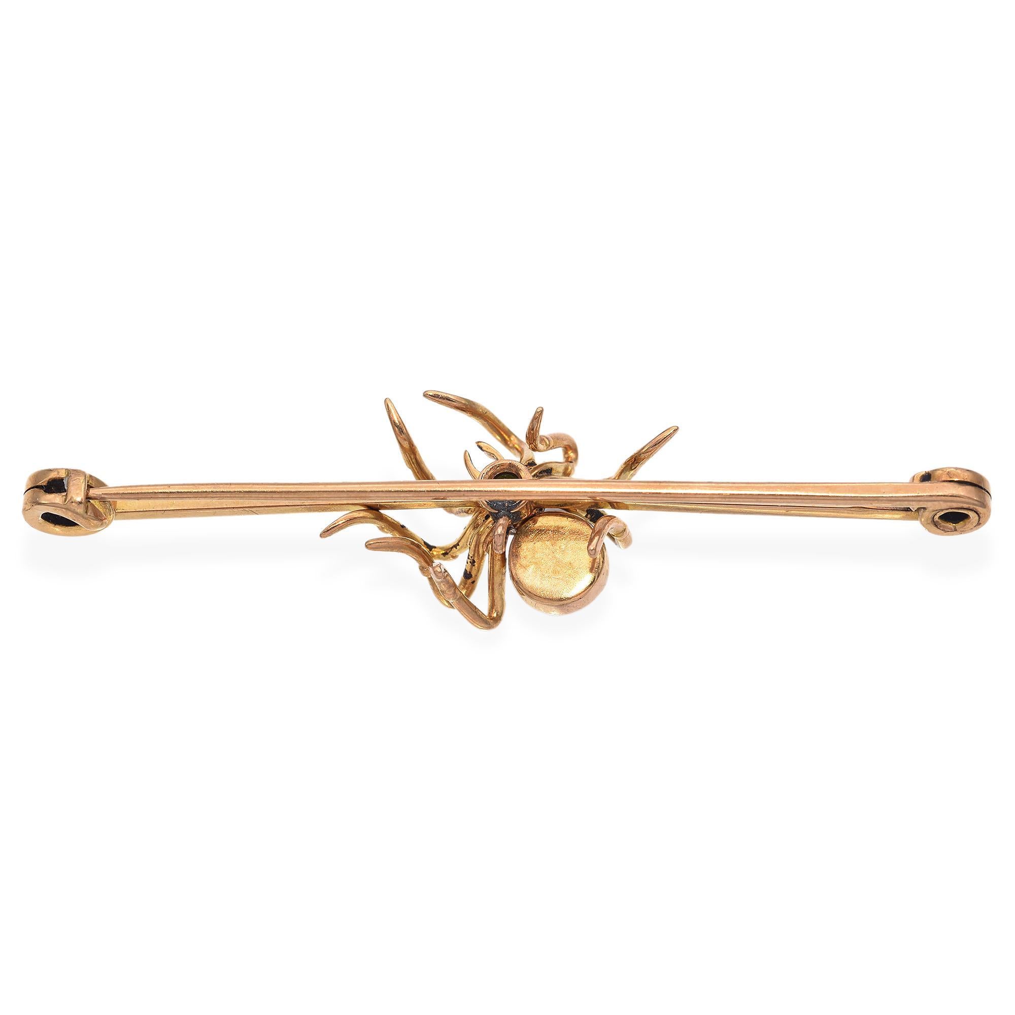 Women's Antique 13K Rose Gold Mother of Pearl & Green Garnet Spider Bar Pin Brooch For Sale