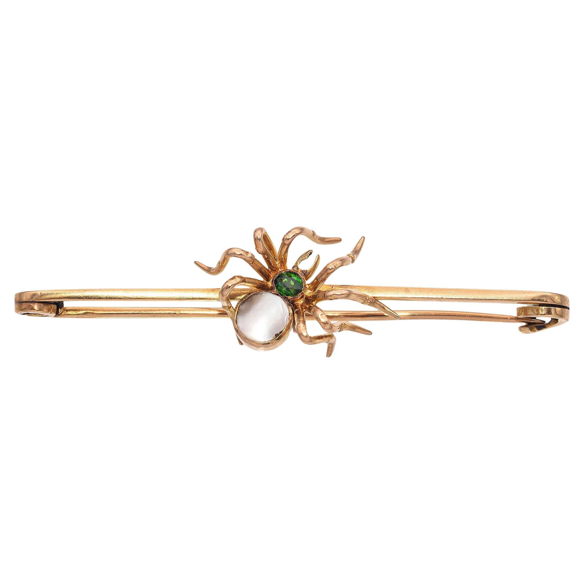 Antique 13K Rose Gold Mother of Pearl & Green Garnet Spider Bar Pin Brooch For Sale