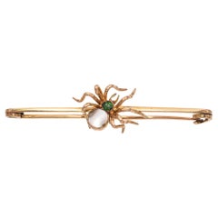 Antique 13K Rose Gold Mother of Pearl & Green Garnet Spider Bar Pin Brooch