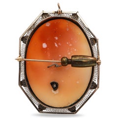 Antique 13K White Gold Shell Cameo Diamond Accent Portrait Brooch Pin