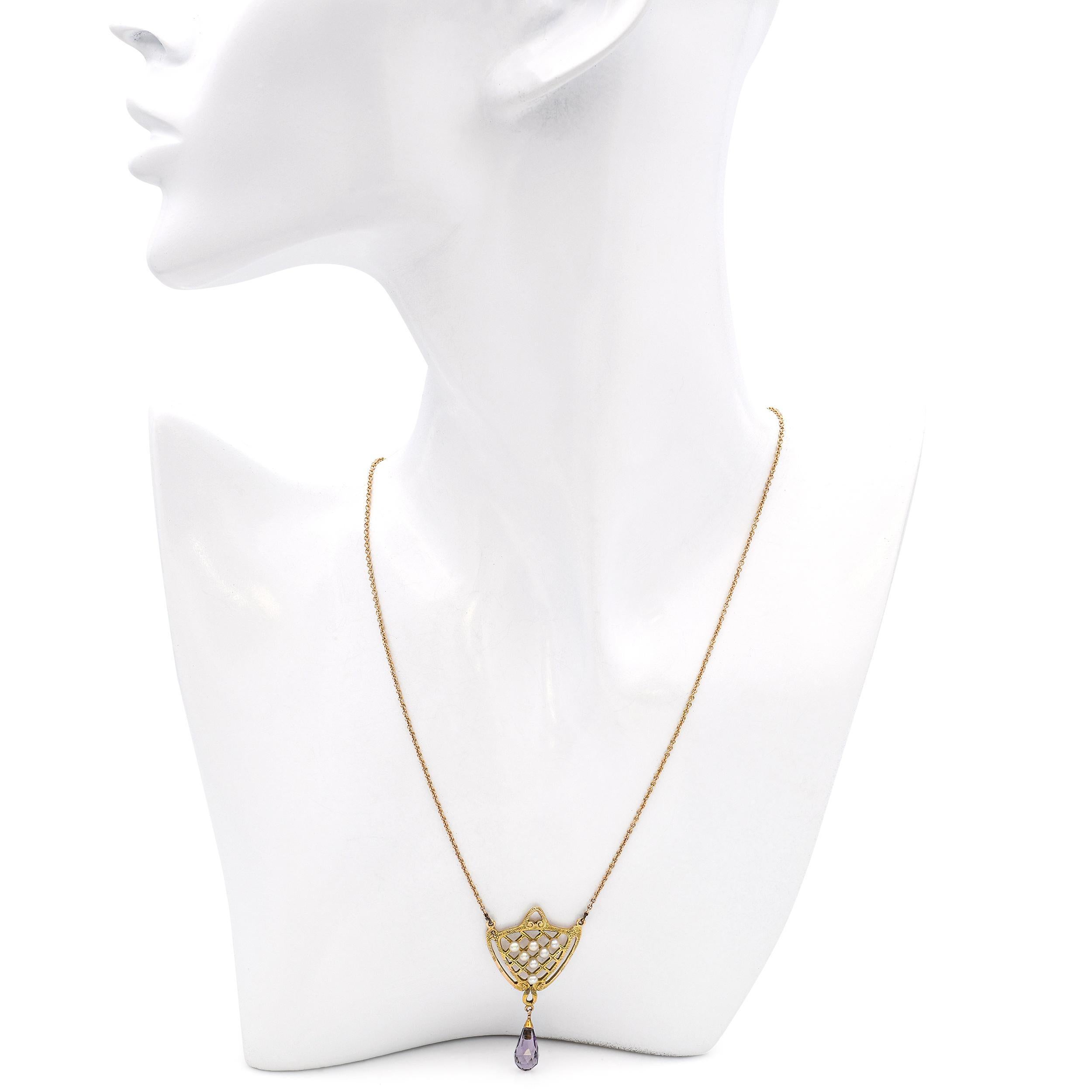 Taille mixte Collier ancien en or jaune 13k avec améthyste et perles en vente