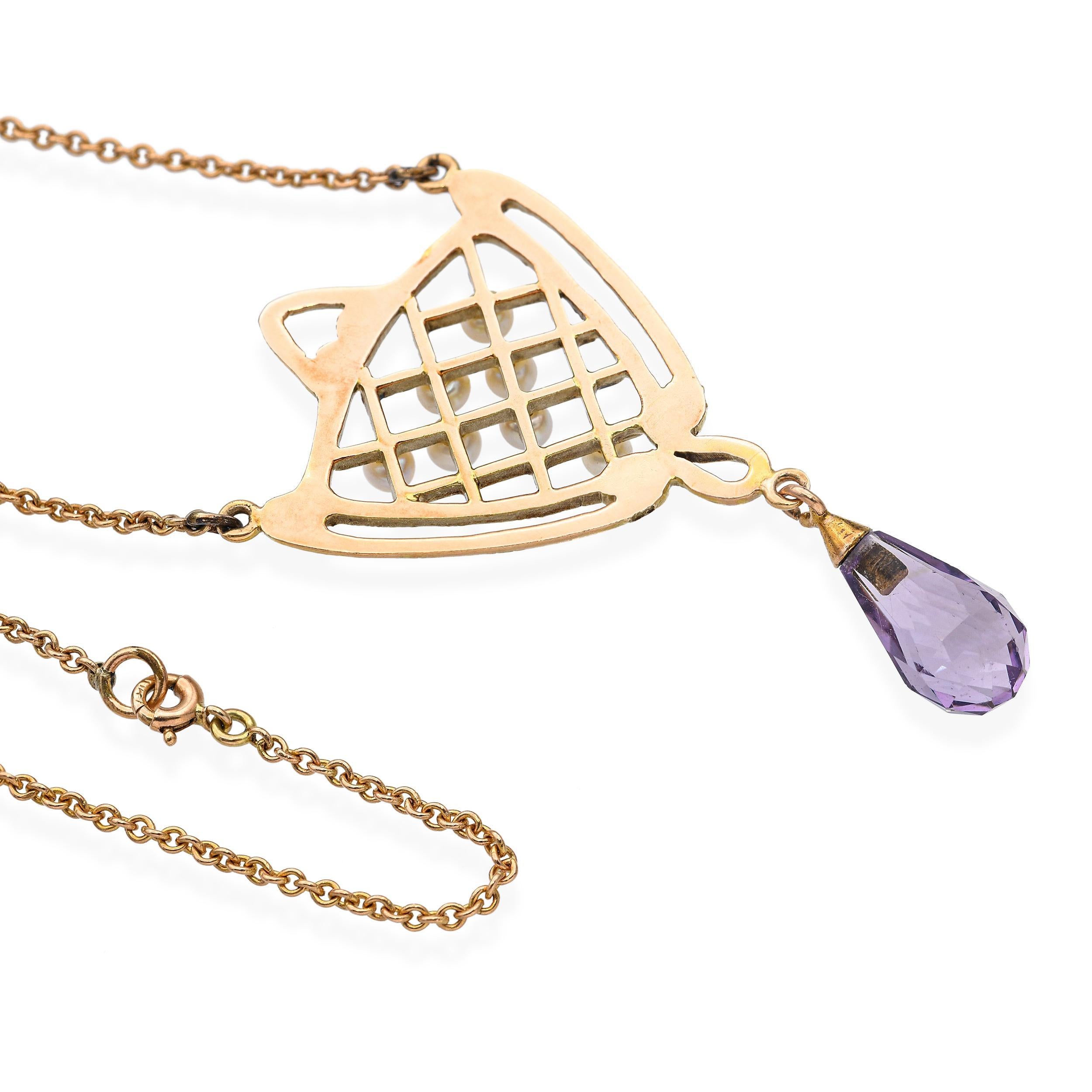 Collier ancien en or jaune 13k avec améthyste et perles Bon état - En vente à New York, NY