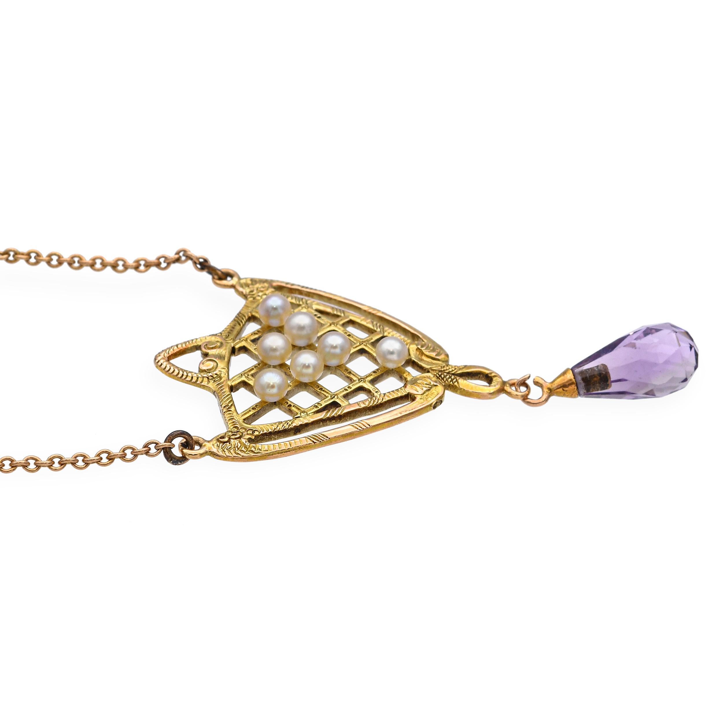 Collier ancien en or jaune 13k avec améthyste et perles Pour femmes en vente