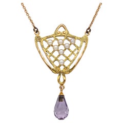 Collier ancien en or jaune 13k avec améthyste et perles