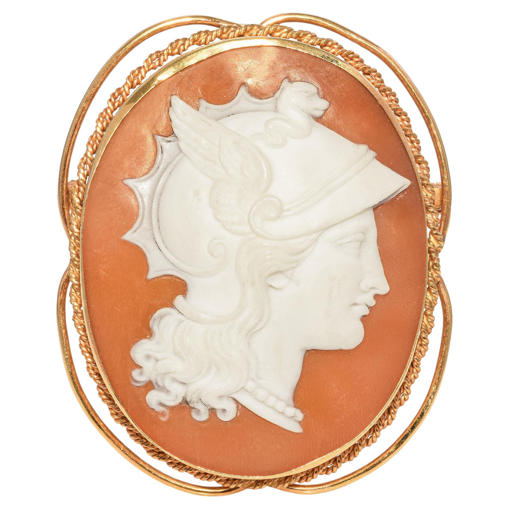 Antique 13k Yellow Gold Cameo Shell Athena Goddess of War Brooch Pin