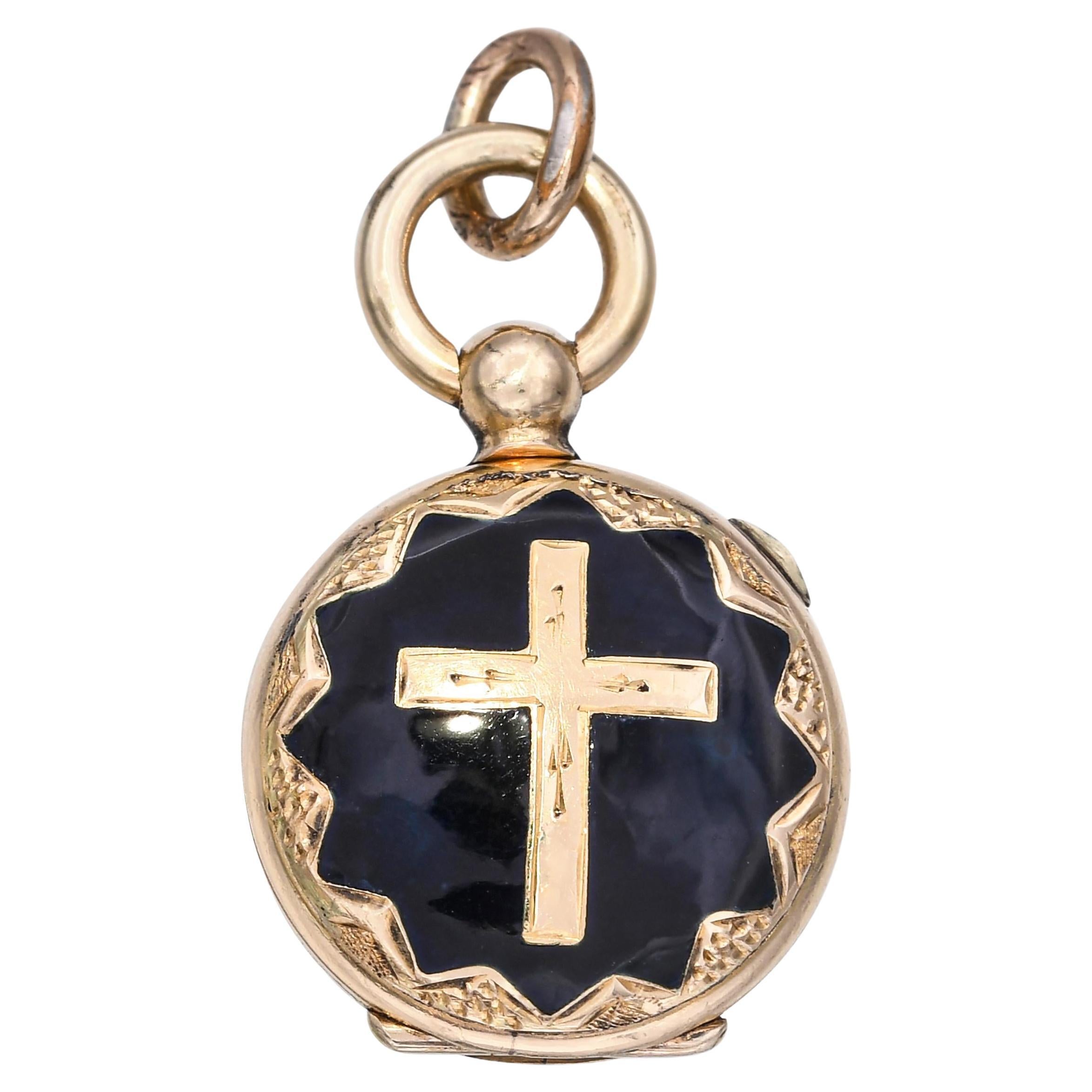 Antique 13k Yellow Gold Enamel Mourning Locket