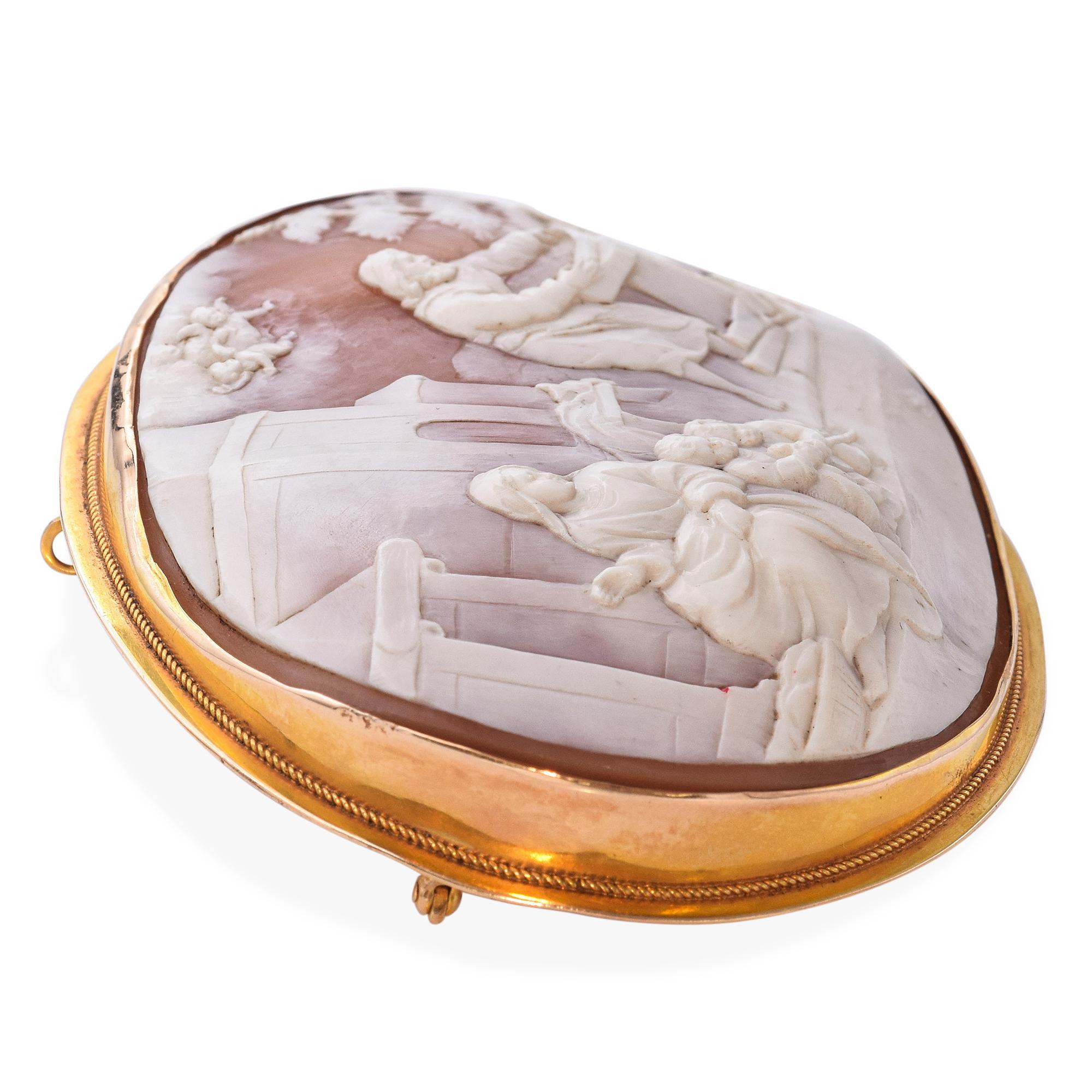 Antique 13K Yellow Gold Mary, Jesus, John, & Joseph Carpentry Scene Cameo Brooch In Good Condition For Sale In New York, NY