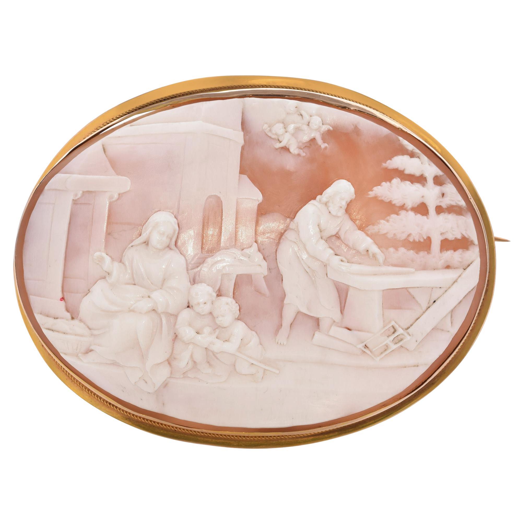 Antique 13K Yellow Gold Mary, Jesus, John, & Joseph Carpentry Scene Cameo Brooch