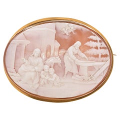 Antique 13K Yellow Gold Mary, Jesus, John, & Joseph Carpentry Scene Cameo Brooch