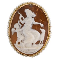 Antique 13K Yellow Gold Shell Cameo Seed Pearl Eros Hunting w/ Bow & Dog Brooch