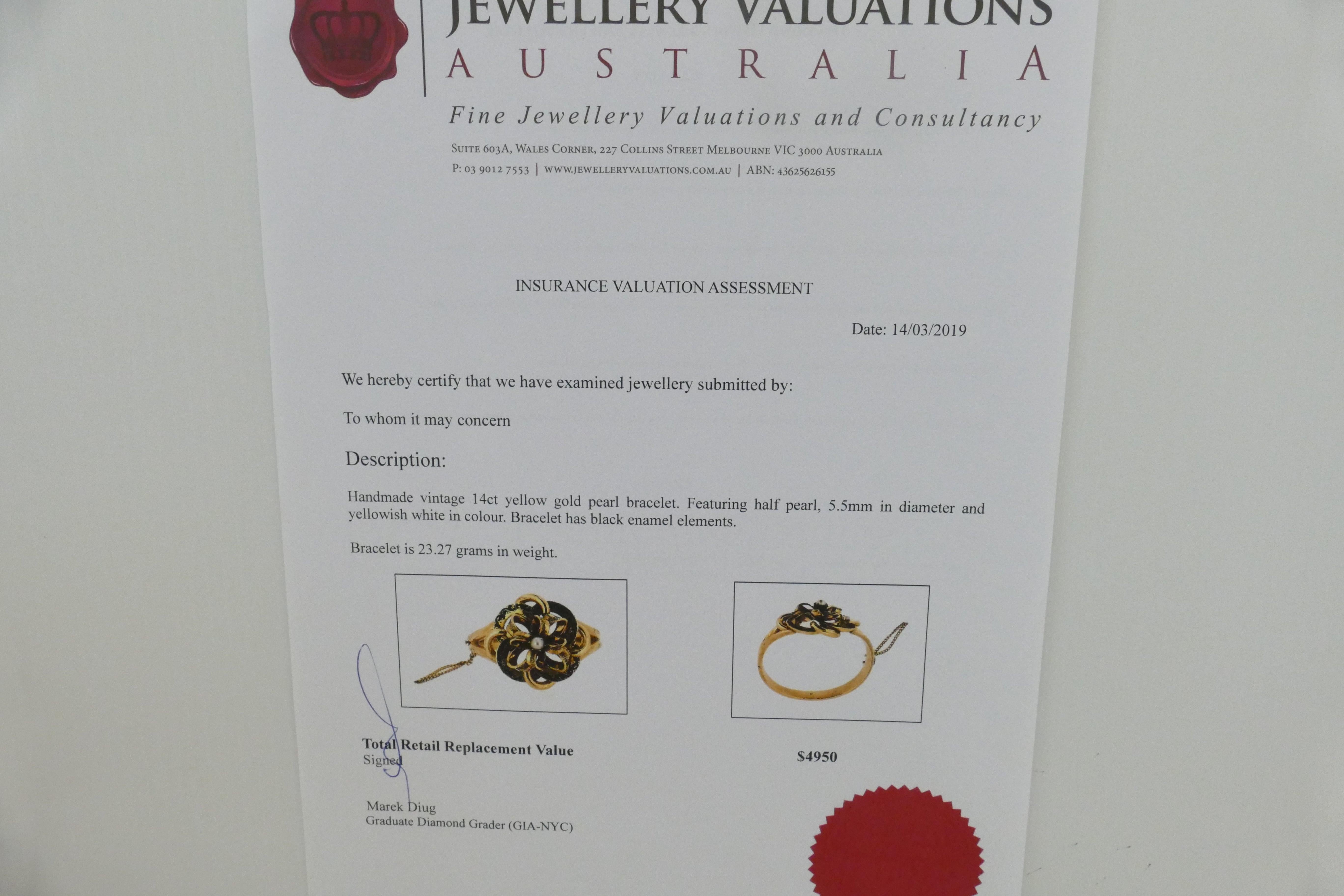 Women's Antique 14 Carat Yellow Gold Pearl & Black Enamel 'BOW' Bracelet For Sale