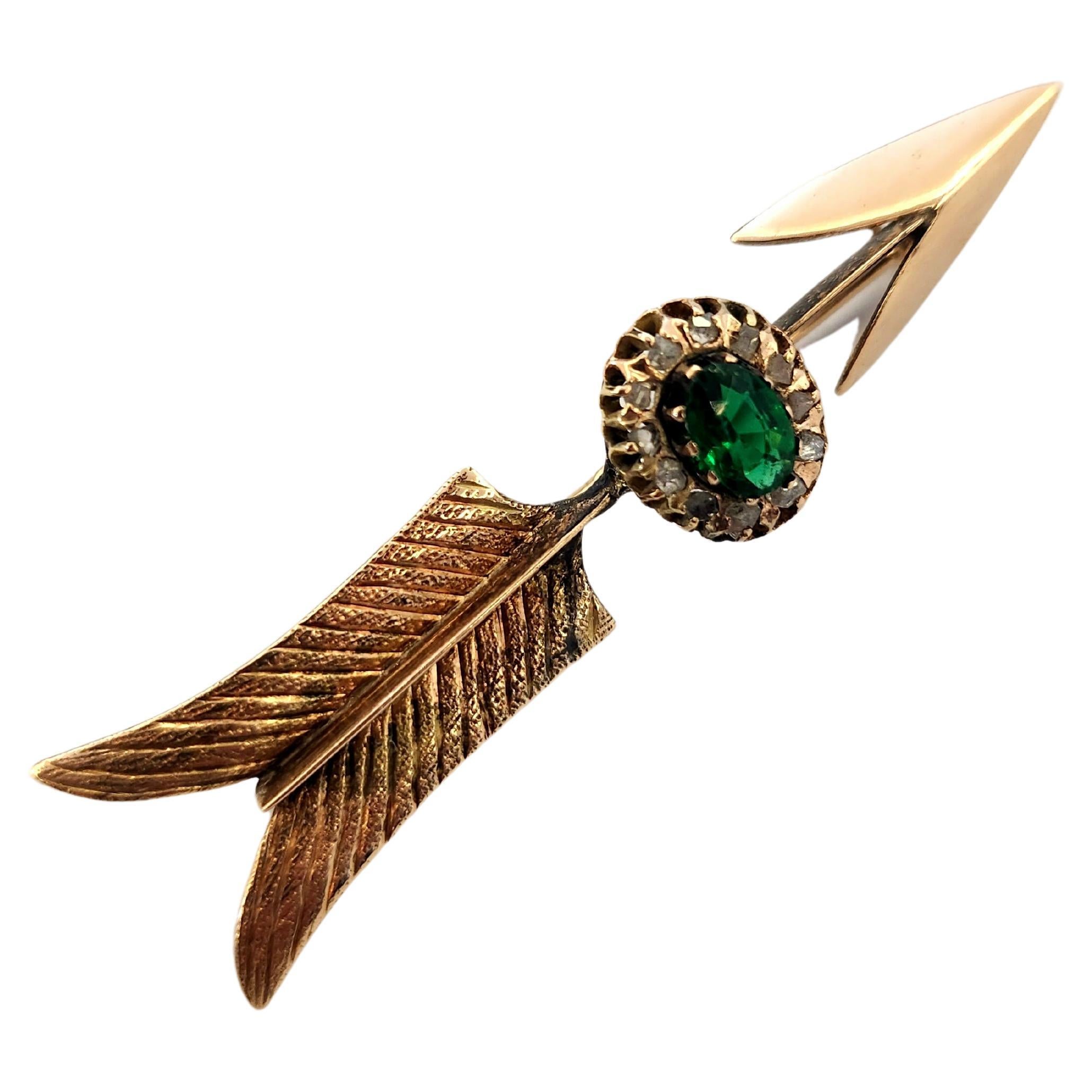 Antique Tourmaline And Diamond Arrow  Russian Gold Brooch For Sale