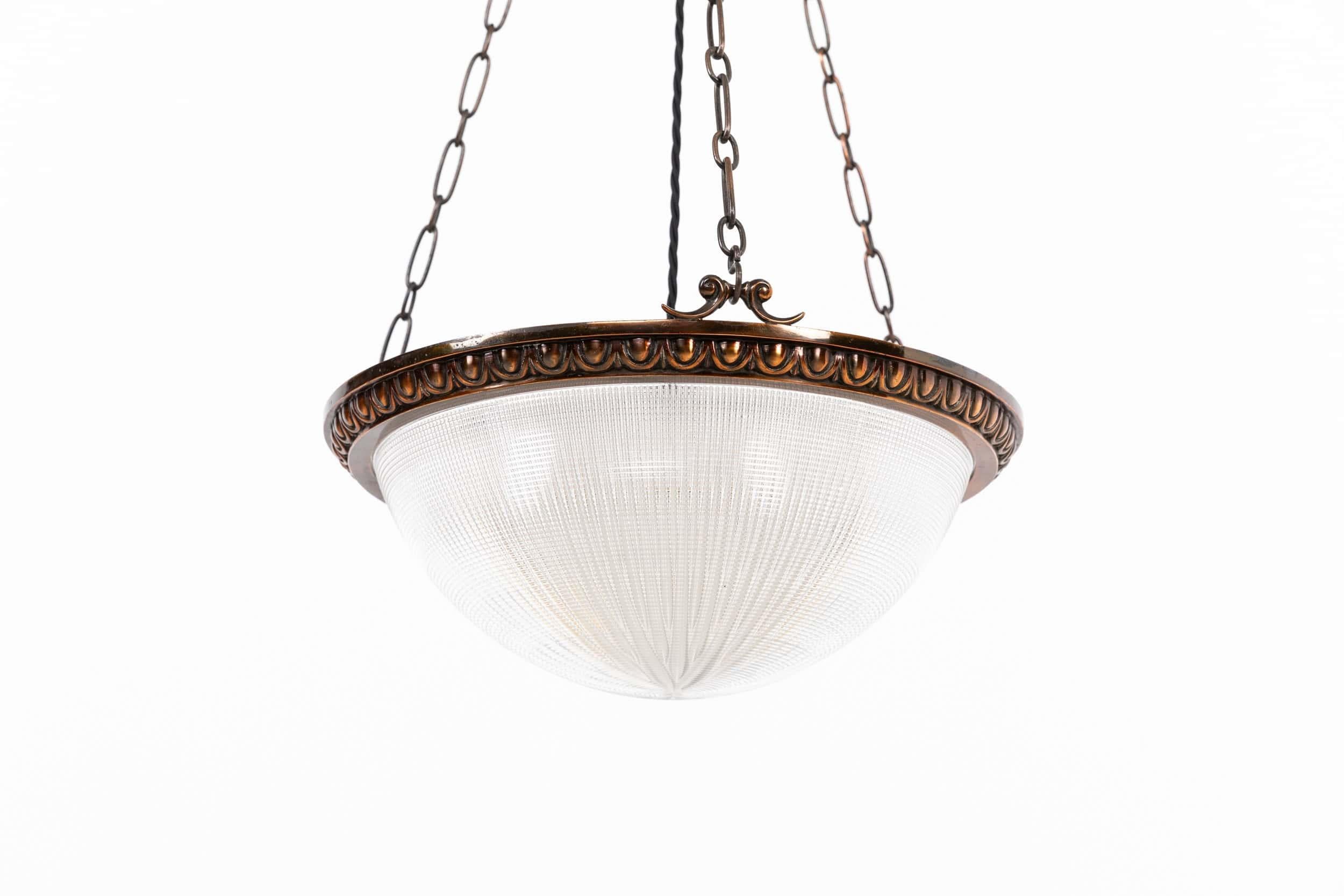 Antico Plafonnier di vetro prismatico con ciotola di Holophane da 14