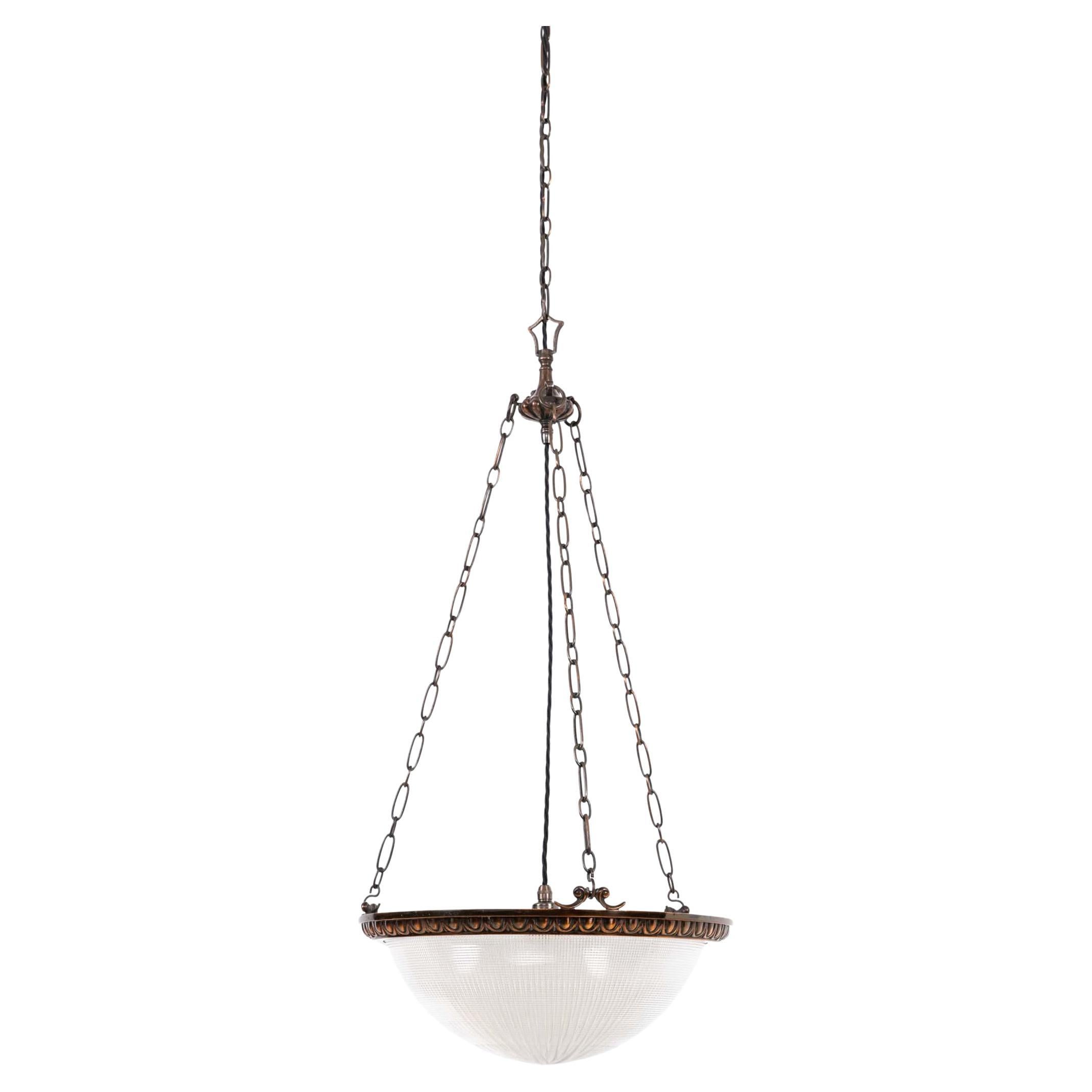 Antico Plafonnier di vetro prismatico con ciotola di Holophane da 14", C.I.C.