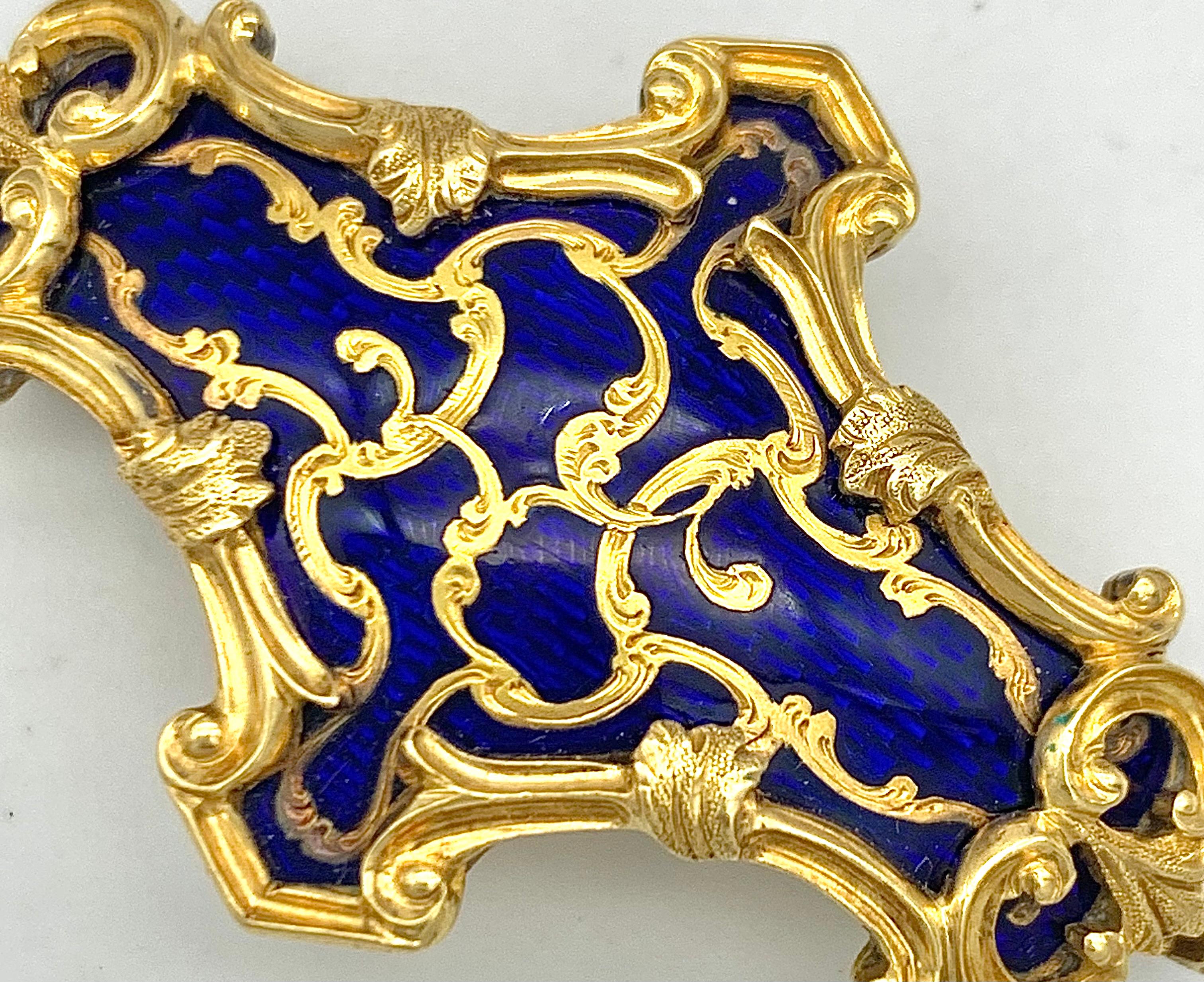 Women's Antique 14k Gold Clasp Bracelet or Necklace Blue Guilloché Enamel Accanthus For Sale