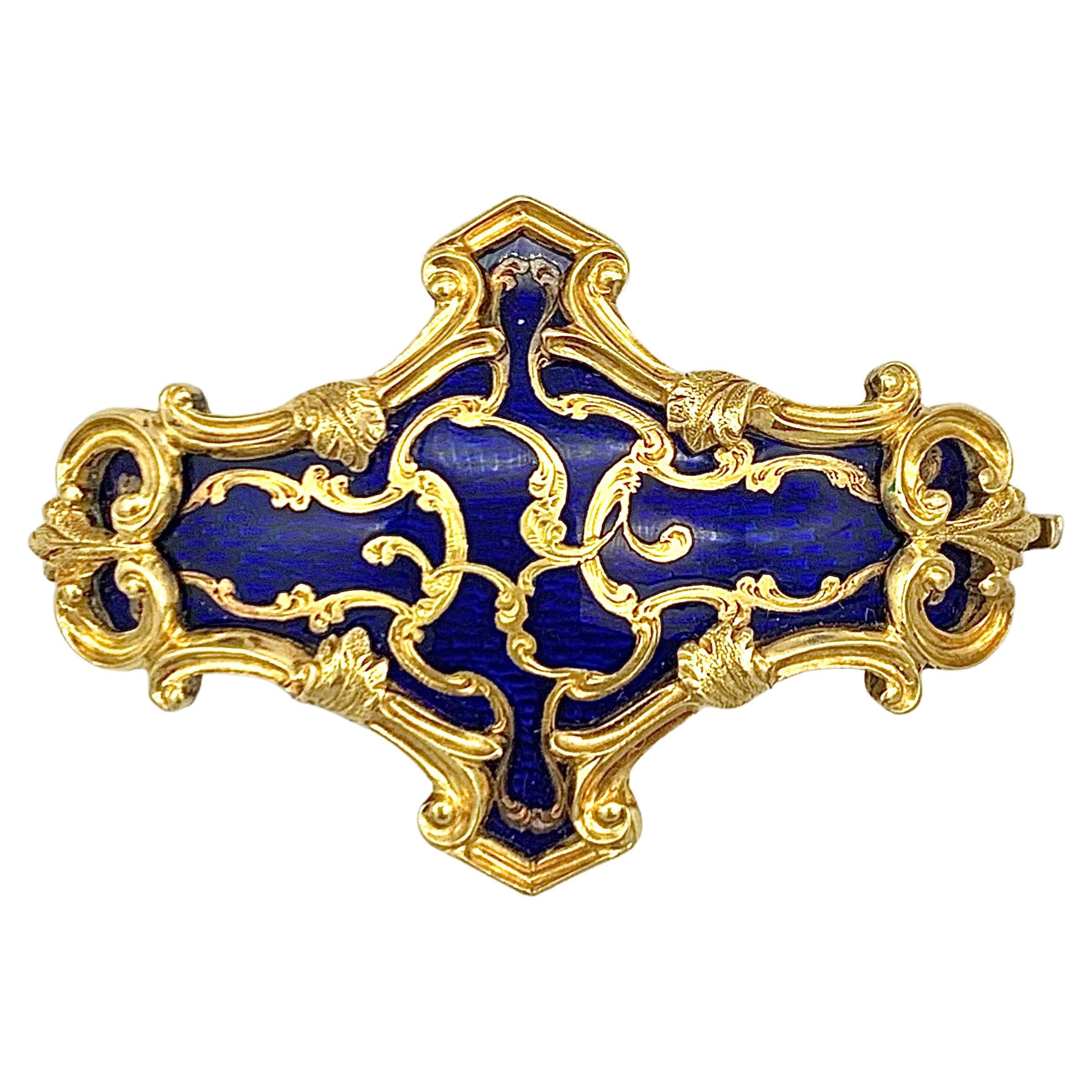 Antique 14k Gold Clasp Bracelet or Necklace Blue Guilloché Enamel Accanthus For Sale